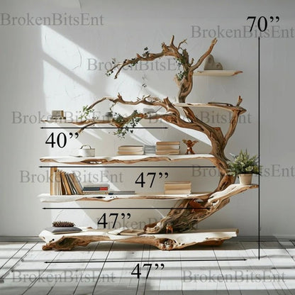 Tree branch standing corner shelf solid wood live edge floating shelf rustic bookcase decorations decor home
