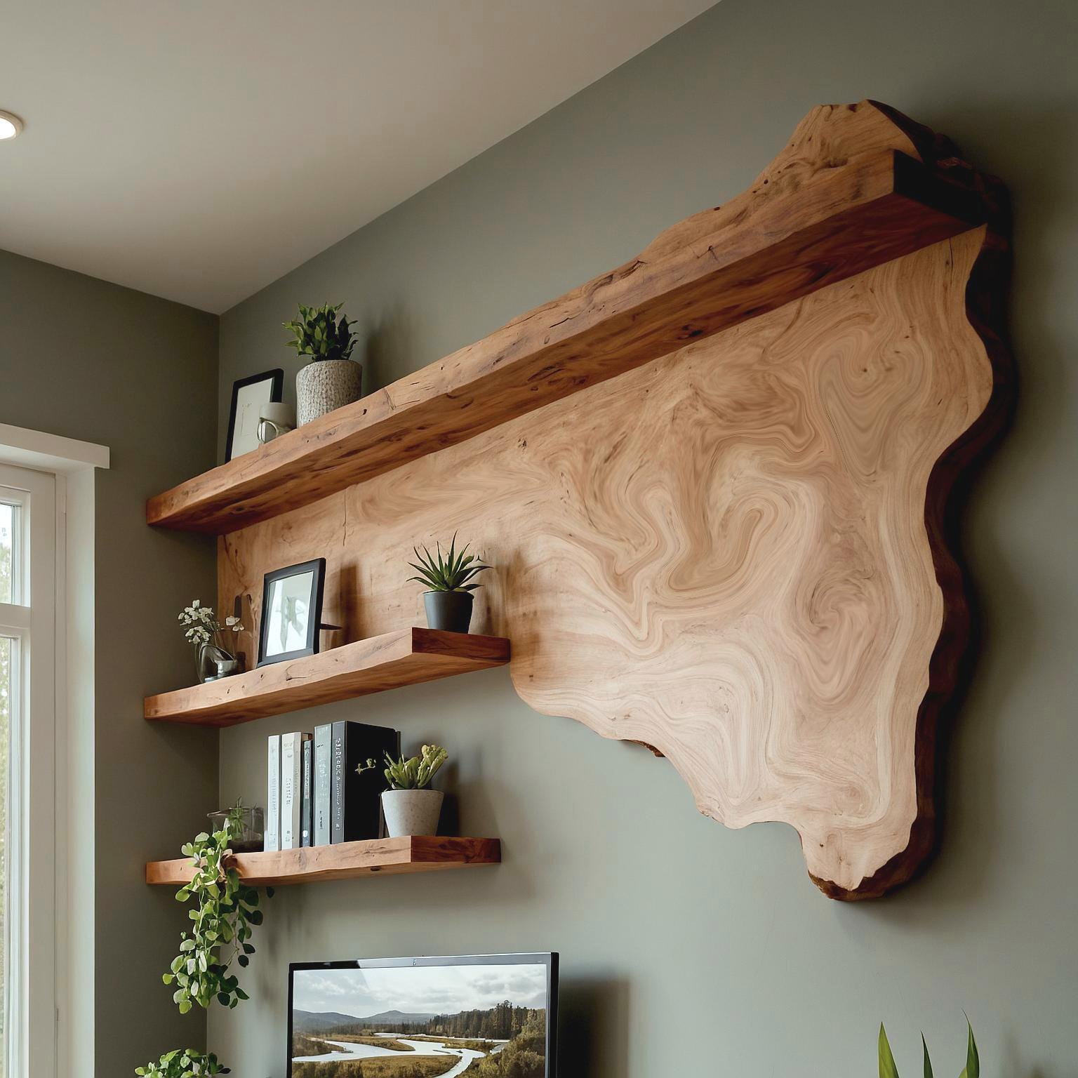 Rustic Live Edge Floating Desk And Shelves For Home Office Workspace And Study Area SITHDE003