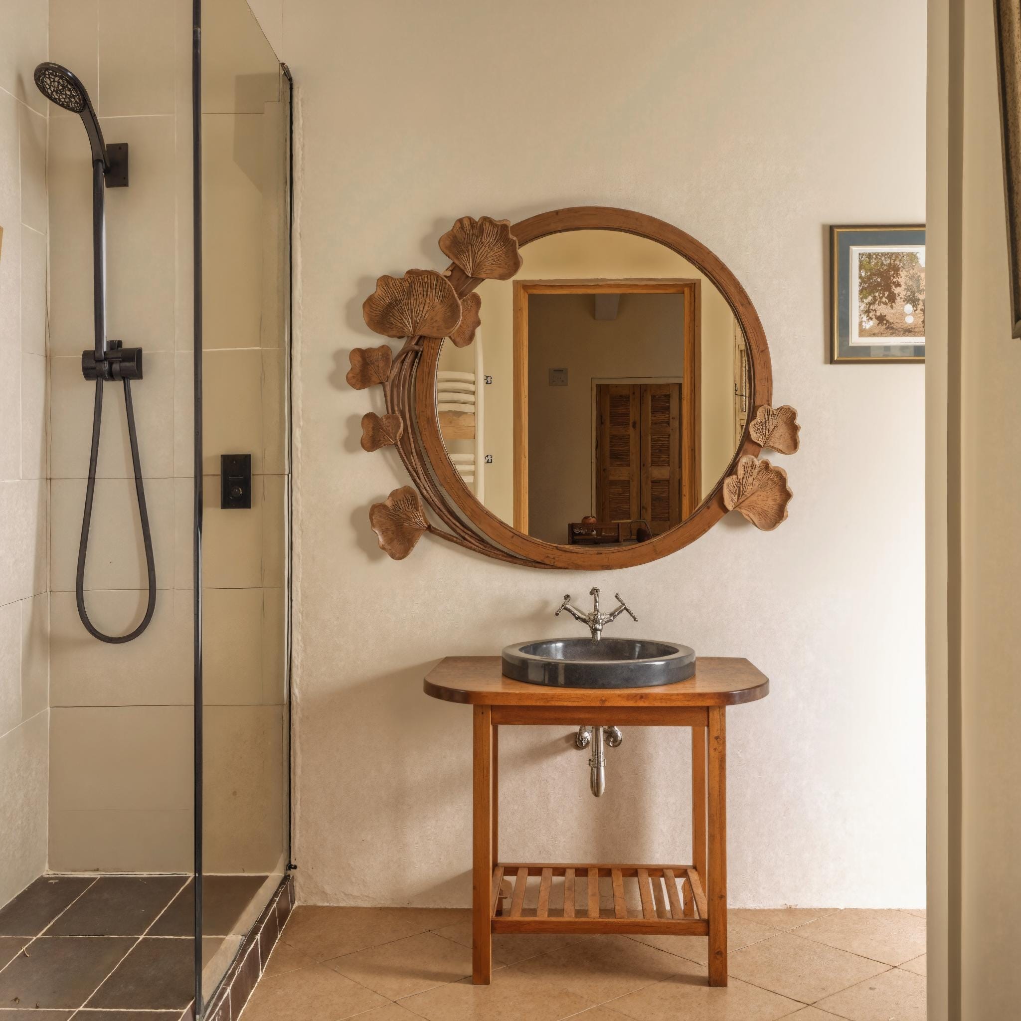 Rustic Artistic Carved Wood Mirror For Bathroom And Vanity Wall SITHMI016