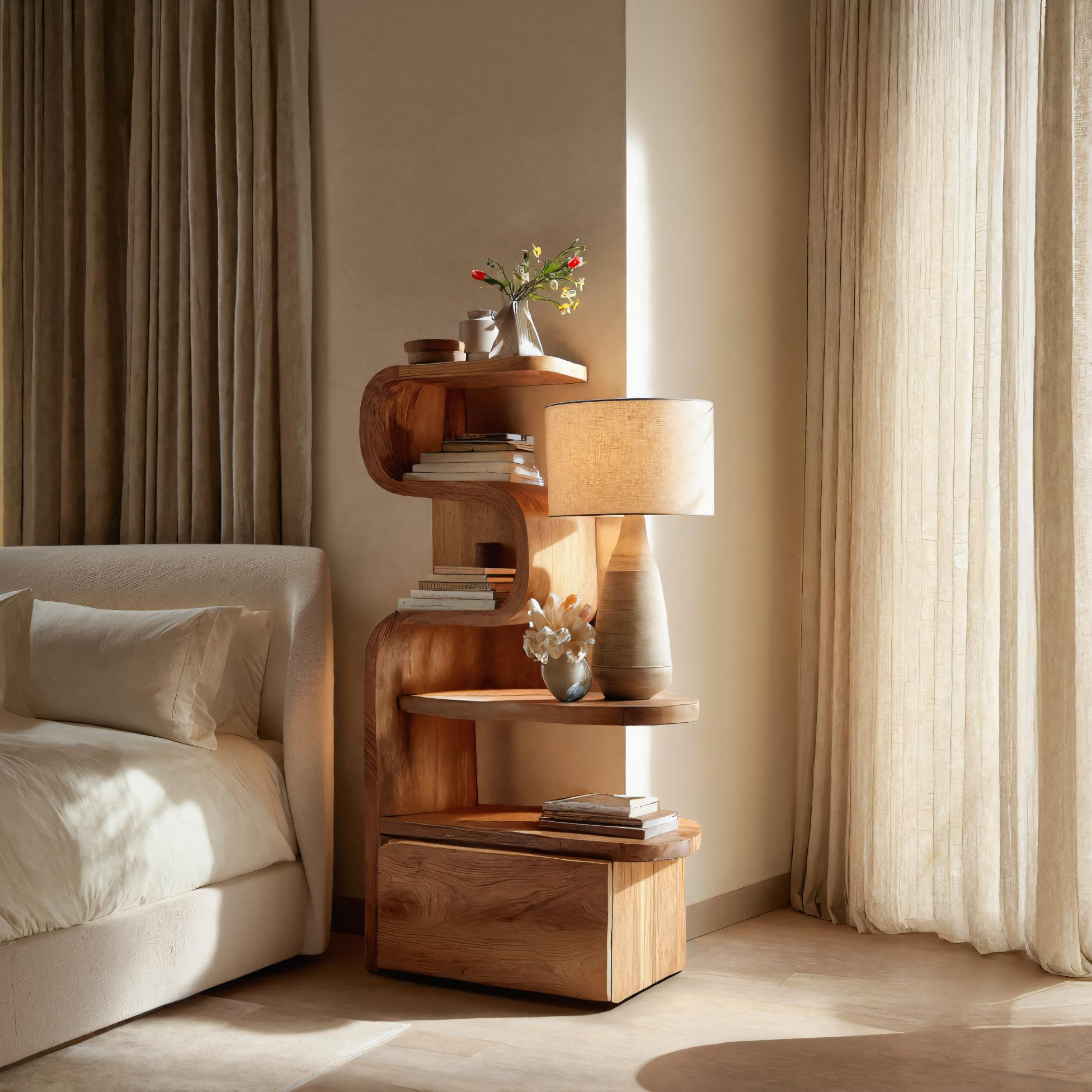 Sculpted Nightstand With Shelves And Drawers For Bedroom SITHTTNS014