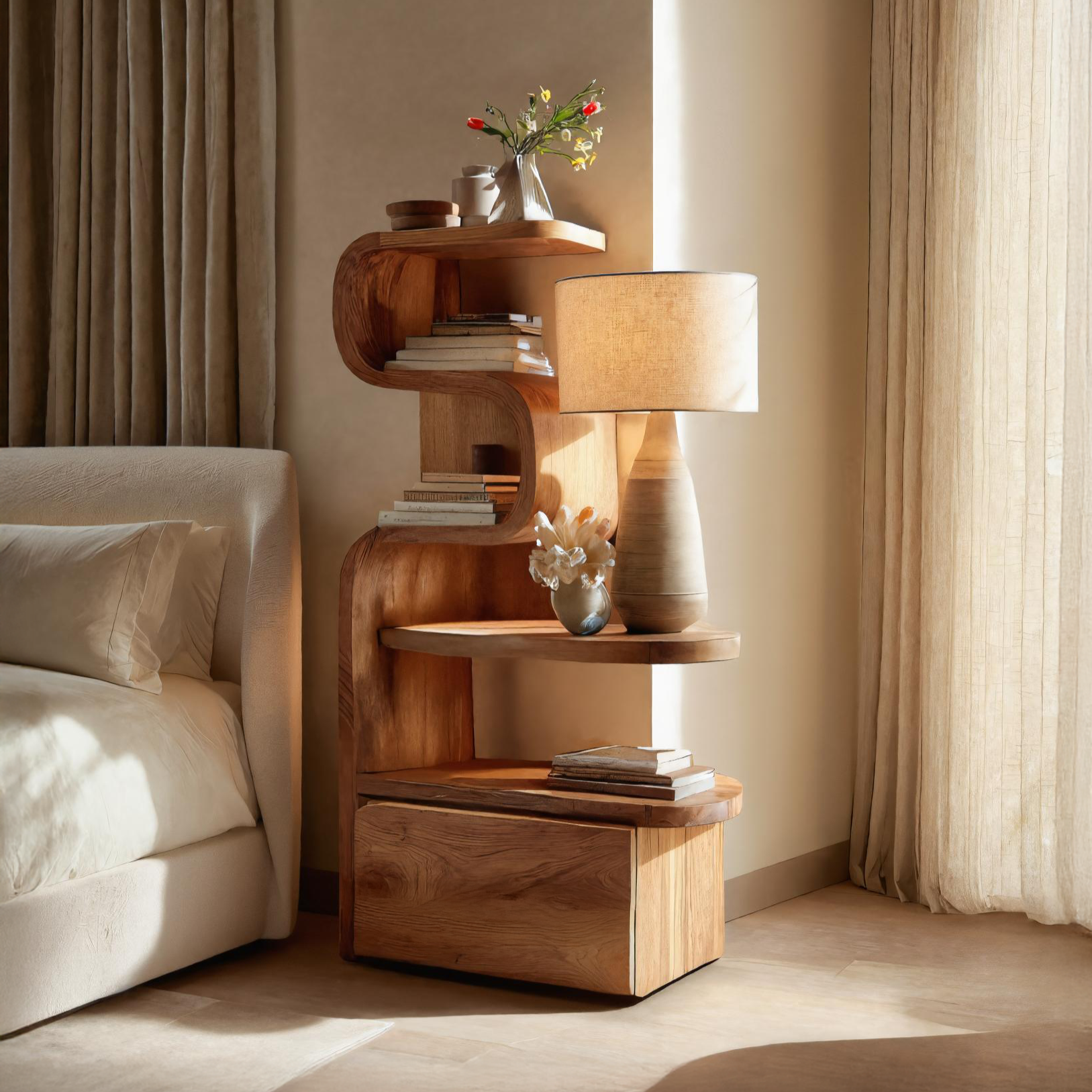 Sculpted Nightstand With Shelves And Drawers For Bedroom SITHTTNS014