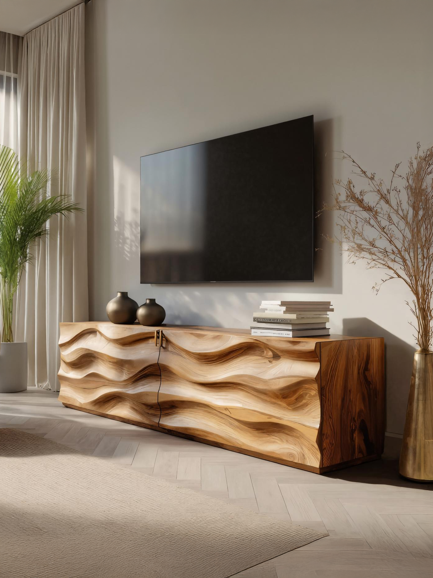 Modern Carved Media Console With Wave Front For Living Room SITHTTTVC021