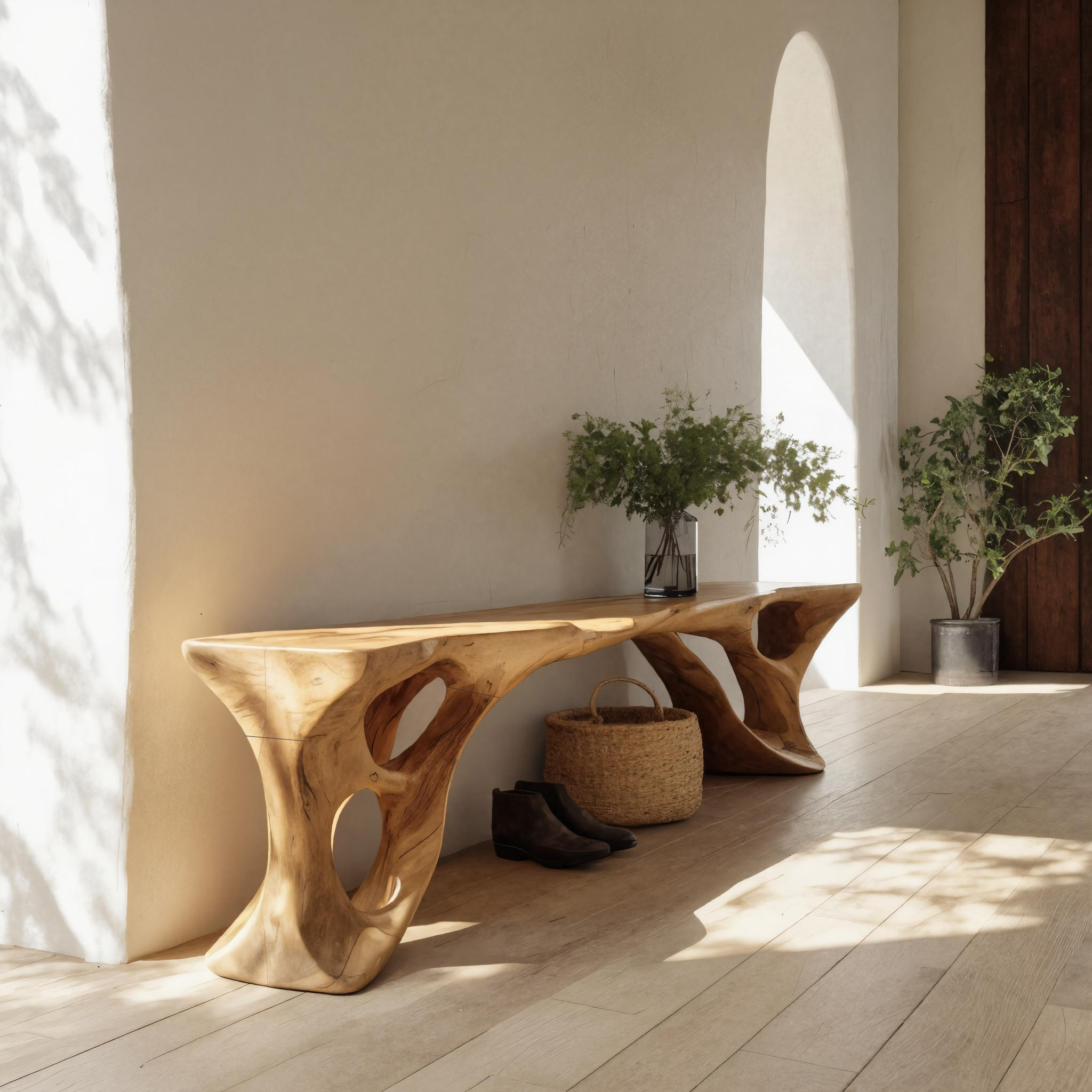 Sculptural Bench With Carved Design For Entryway SITHTTCHR049