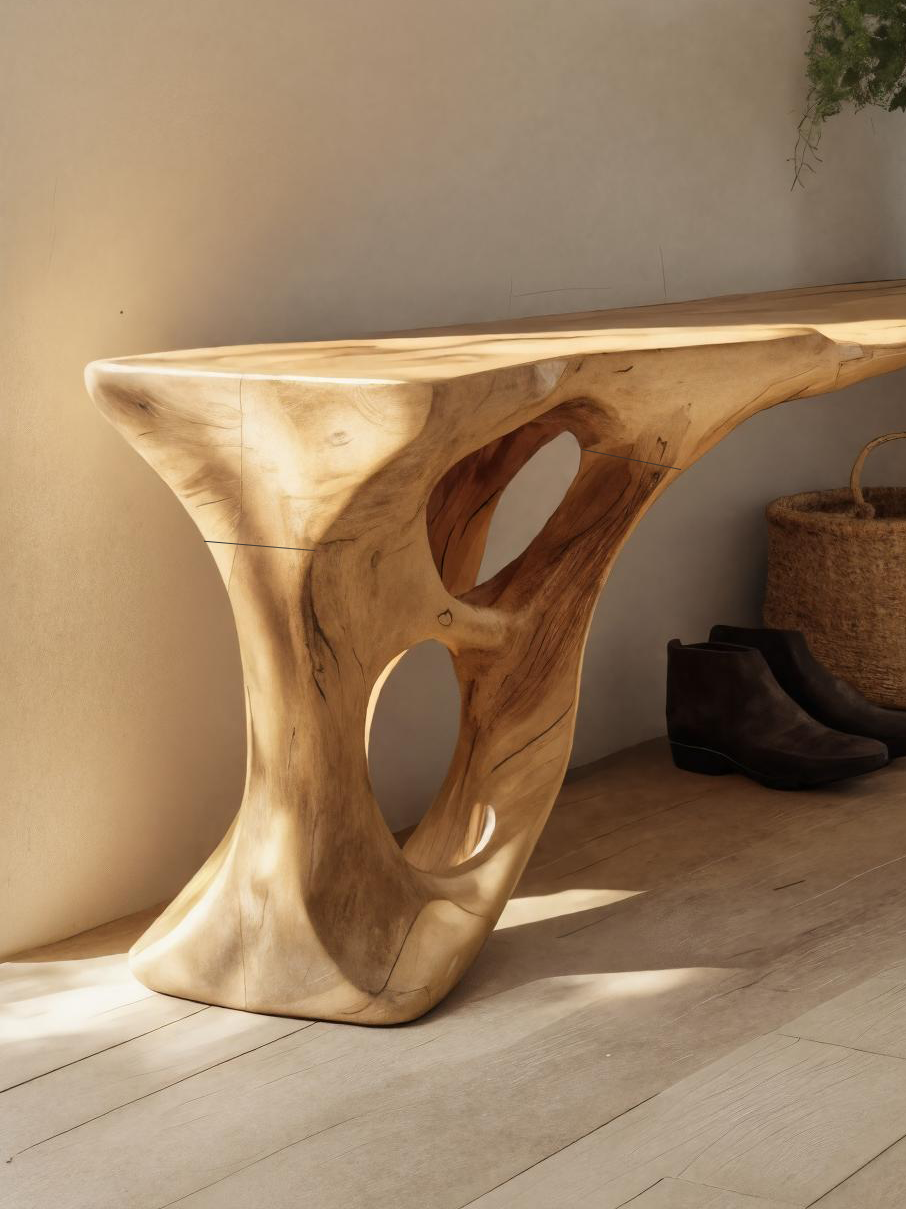 Sculptural Bench With Carved Design For Entryway SITHTTCHR049