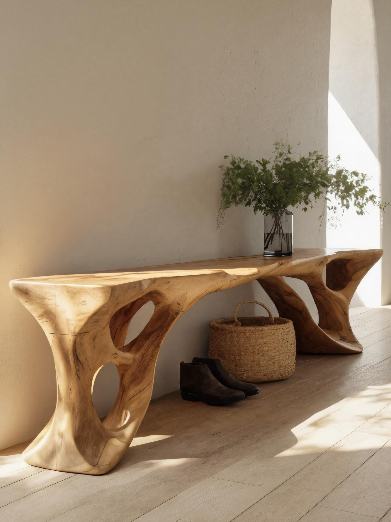 Sculptural Bench With Carved Design For Entryway SITHTTCHR049