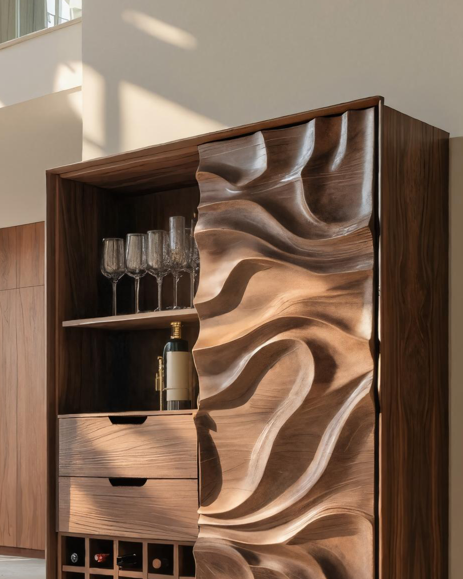 Sculptural Bar Cabinet With Wave Carved Doors For Kitchen SITHTTBCA016