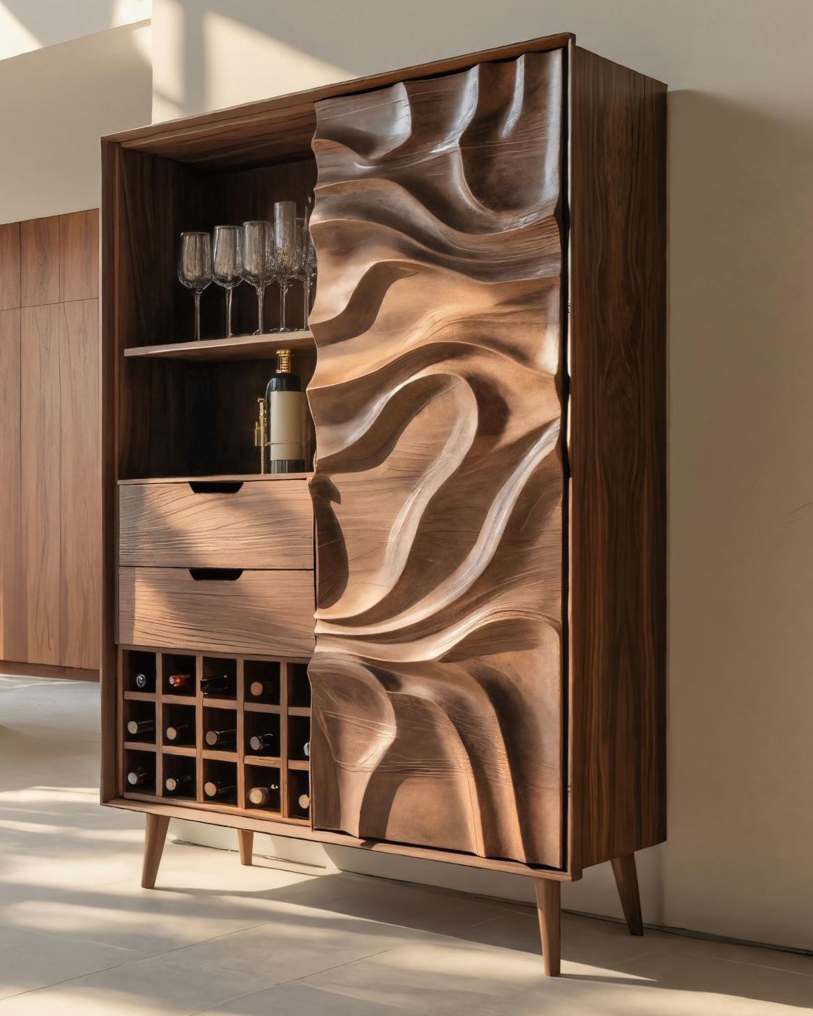 Sculptural Bar Cabinet With Wave Carved Doors For Kitchen SITHTTBCA016