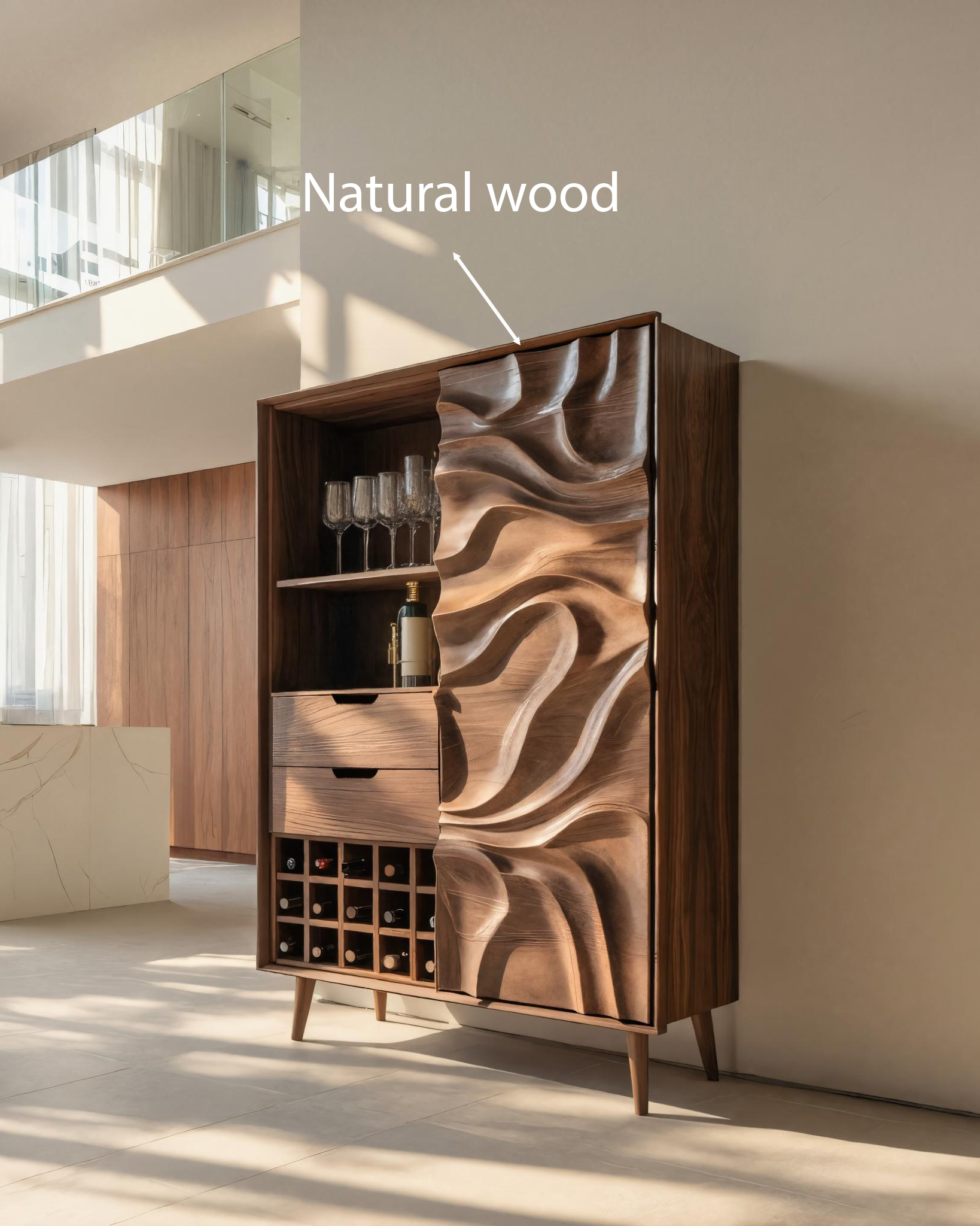 Sculptural Bar Cabinet With Wave Carved Doors For Kitchen SITHTTBCA016