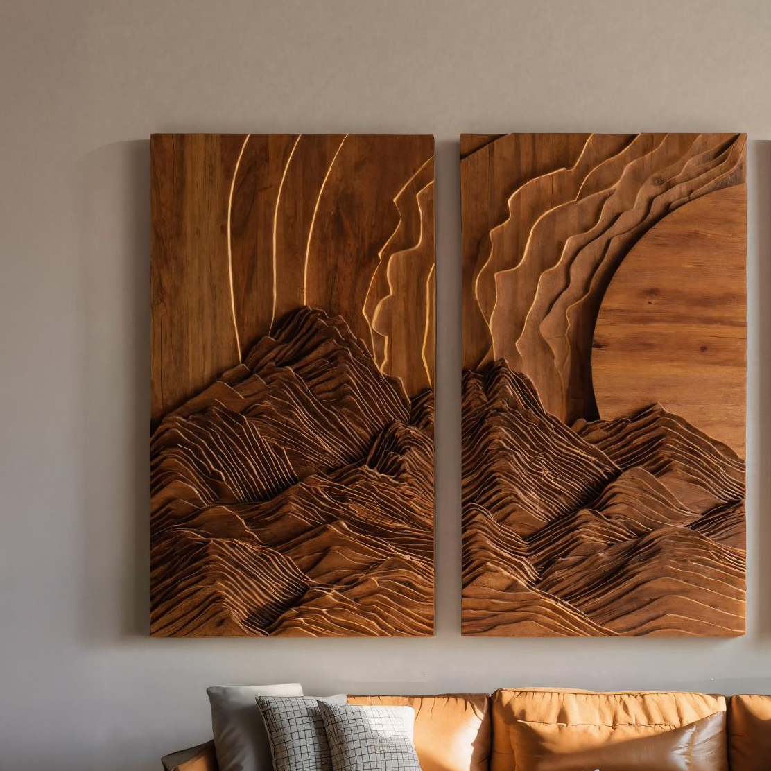 Set Wall Art With Mountain And Sunrise Carved For Living Room RTTHTTWA038