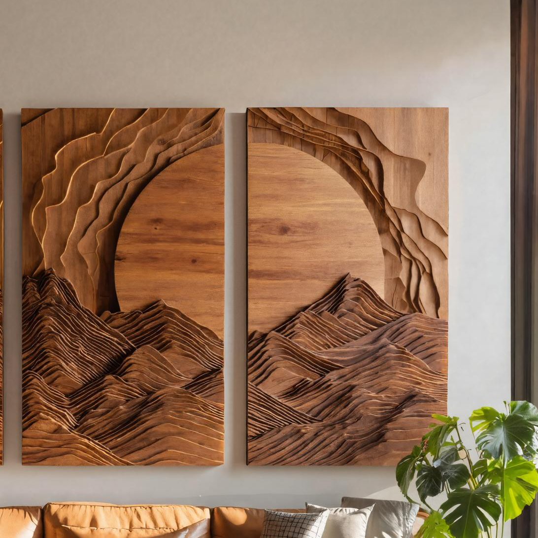 Set Wall Art With Mountain And Sunrise Carved For Living Room RTTHTTWA038