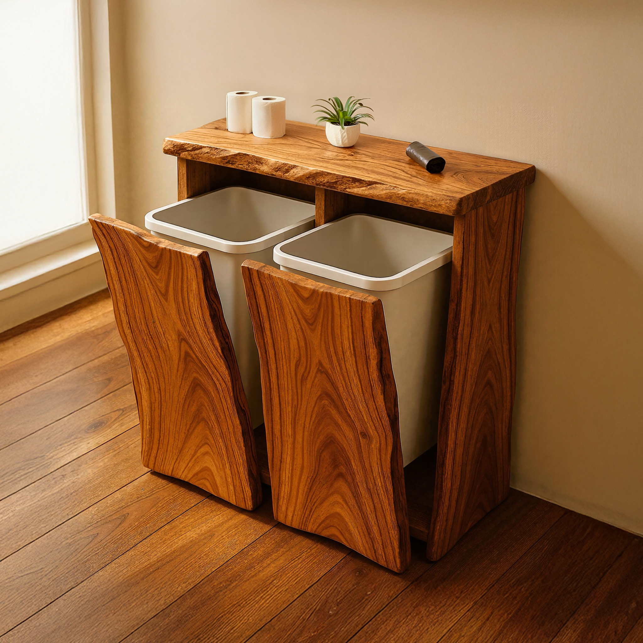 Farmhouse Wooden Double Tilt Out Garbage Bin For Dining Room Corner SILDTTRB002