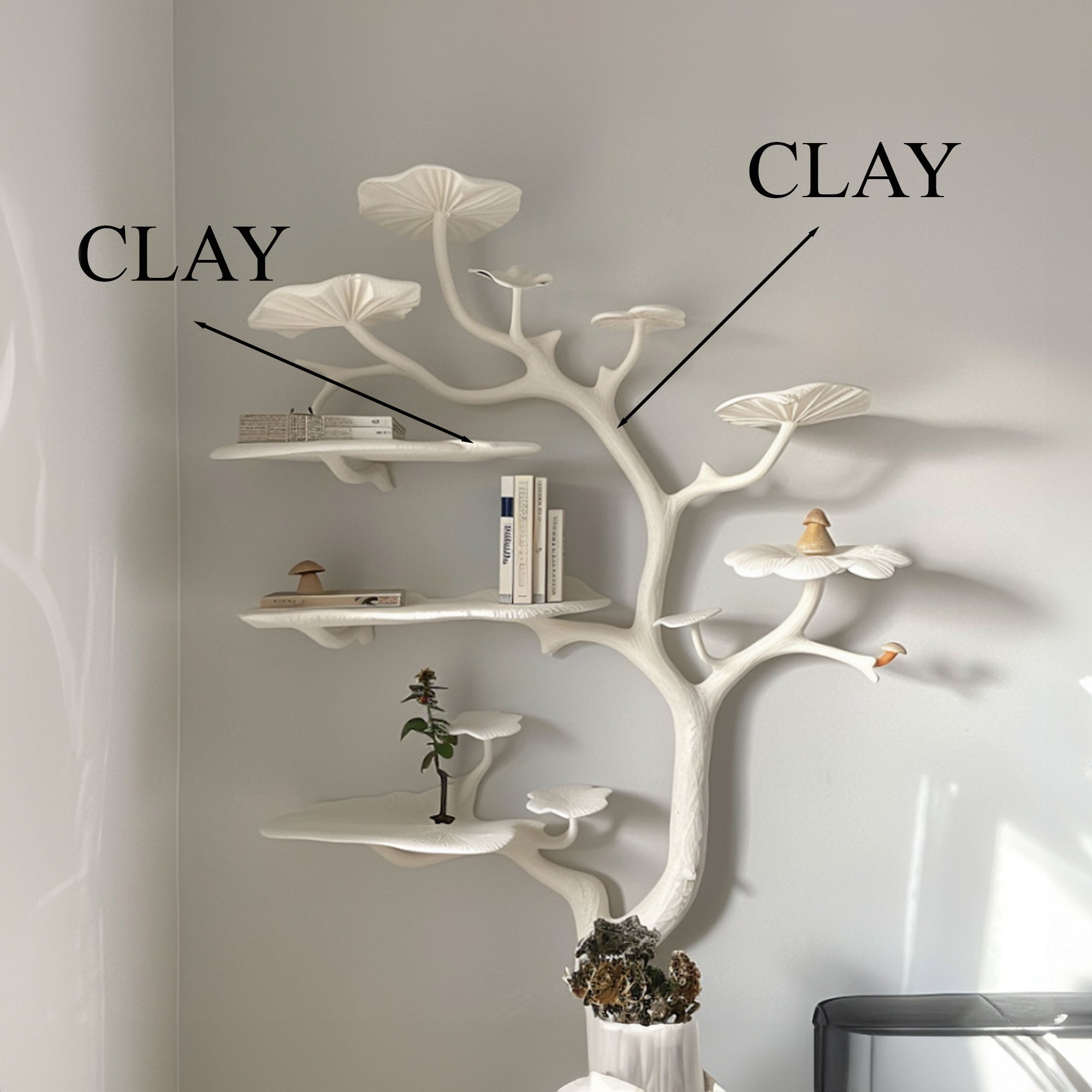 Natural Mushroom Tree Bookshelf Wall Mounted Wild Mulberry Wood Decor SINLTB012