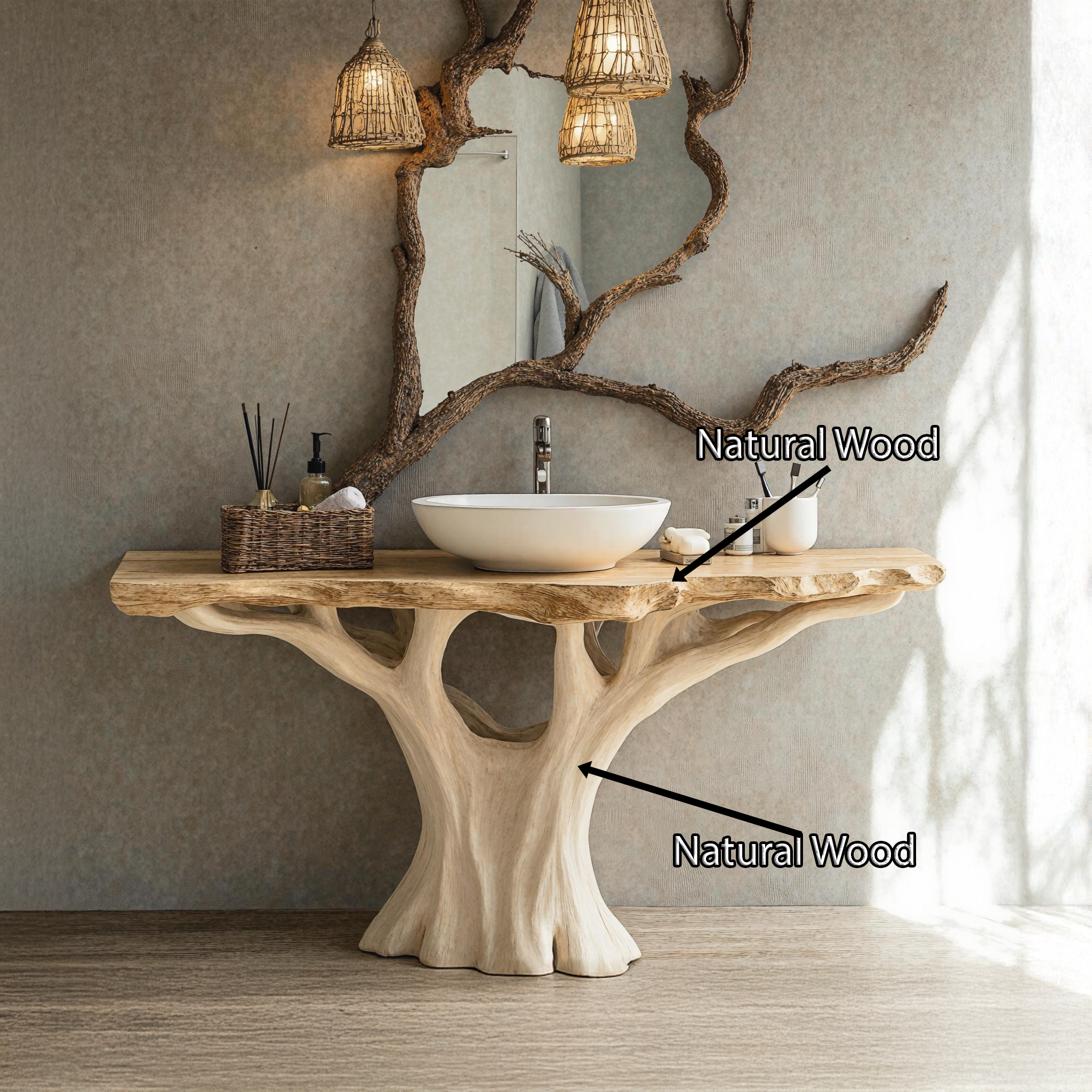 Handcrafted Natural Wood Bathroom Vanity With Artistic Nature Touch SILDTBRV140