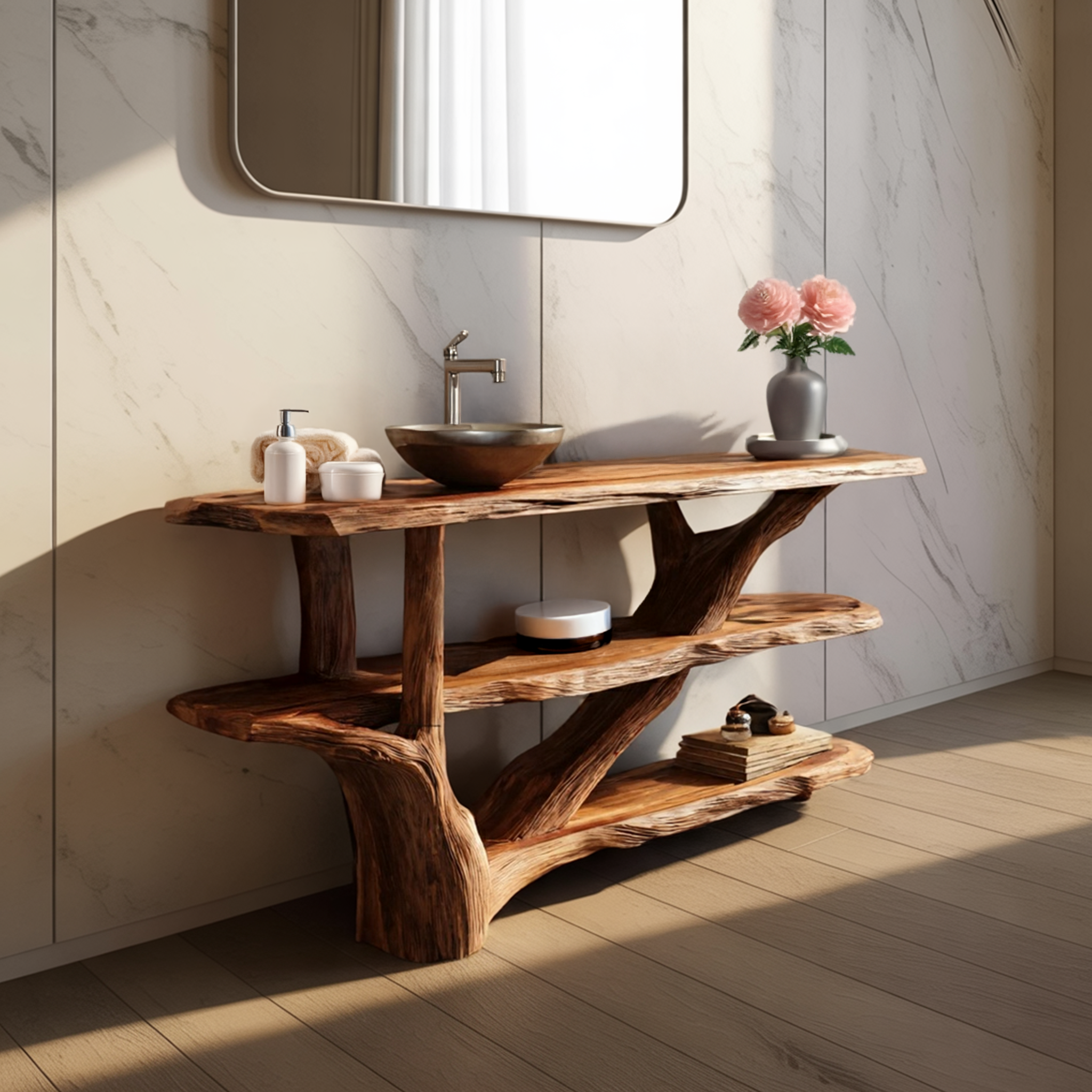 Mid Century Live Edge Tree Trunk Vanity For Contemporary Bathroom Design SILDTTRBRV098