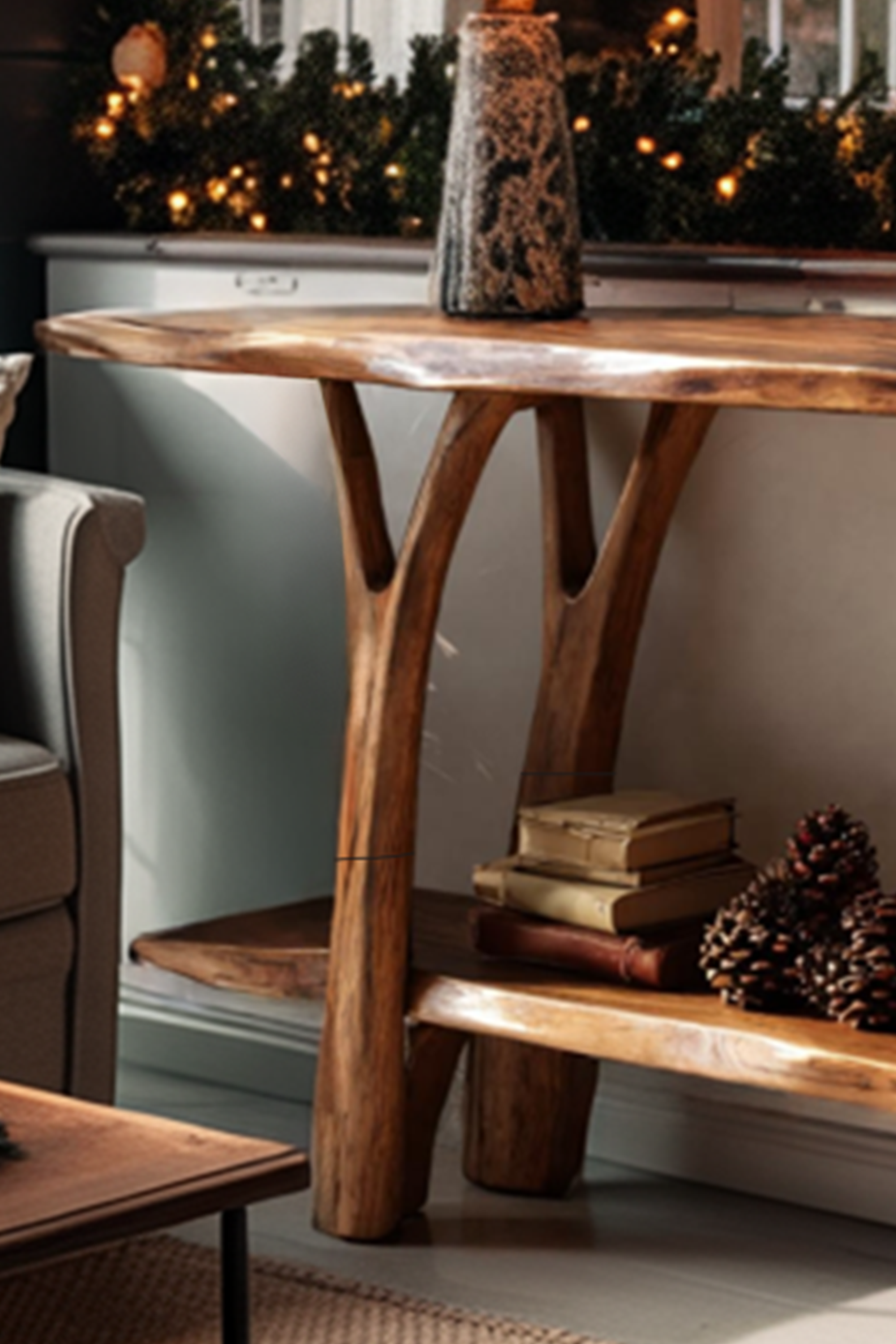 Mid Century Wooden Live Edge Console Table For Holiday Christmas Entryway SILDTTRCSC041