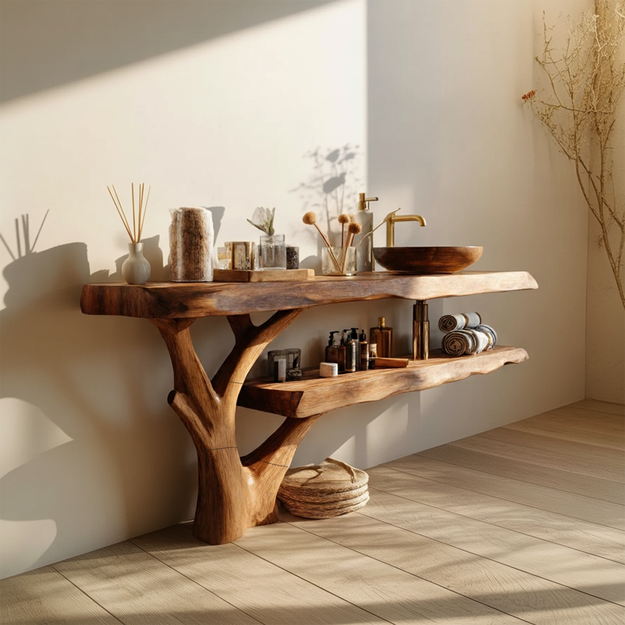 Handcrafted Wooden Live Edge Bathroom Vanity For Rustic Home Interior Design SILDTTRBRV080