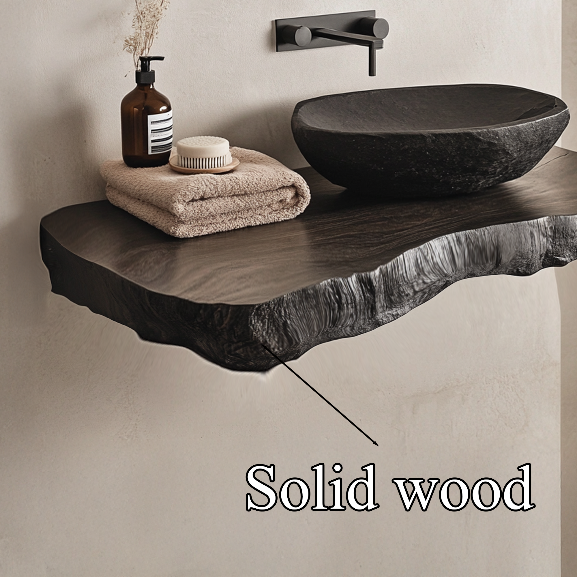 Black Live Edge Wood Floating Vanity Stone Vessel Sink SINLBRV031