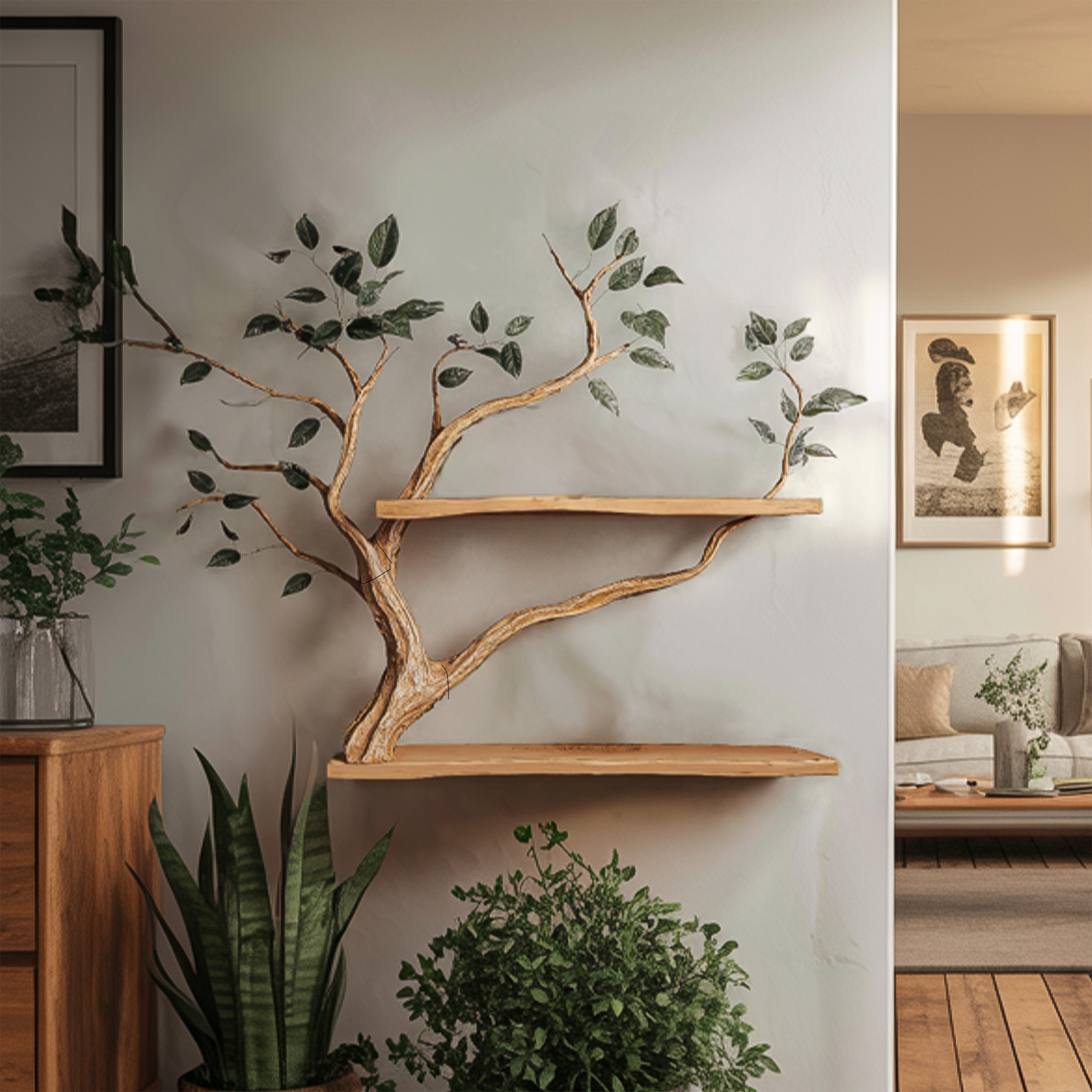 Rustic Sculptural Branch Display Shelf Solid Wood Living Room Interior Wall Feature SINLSATBS104SHNA