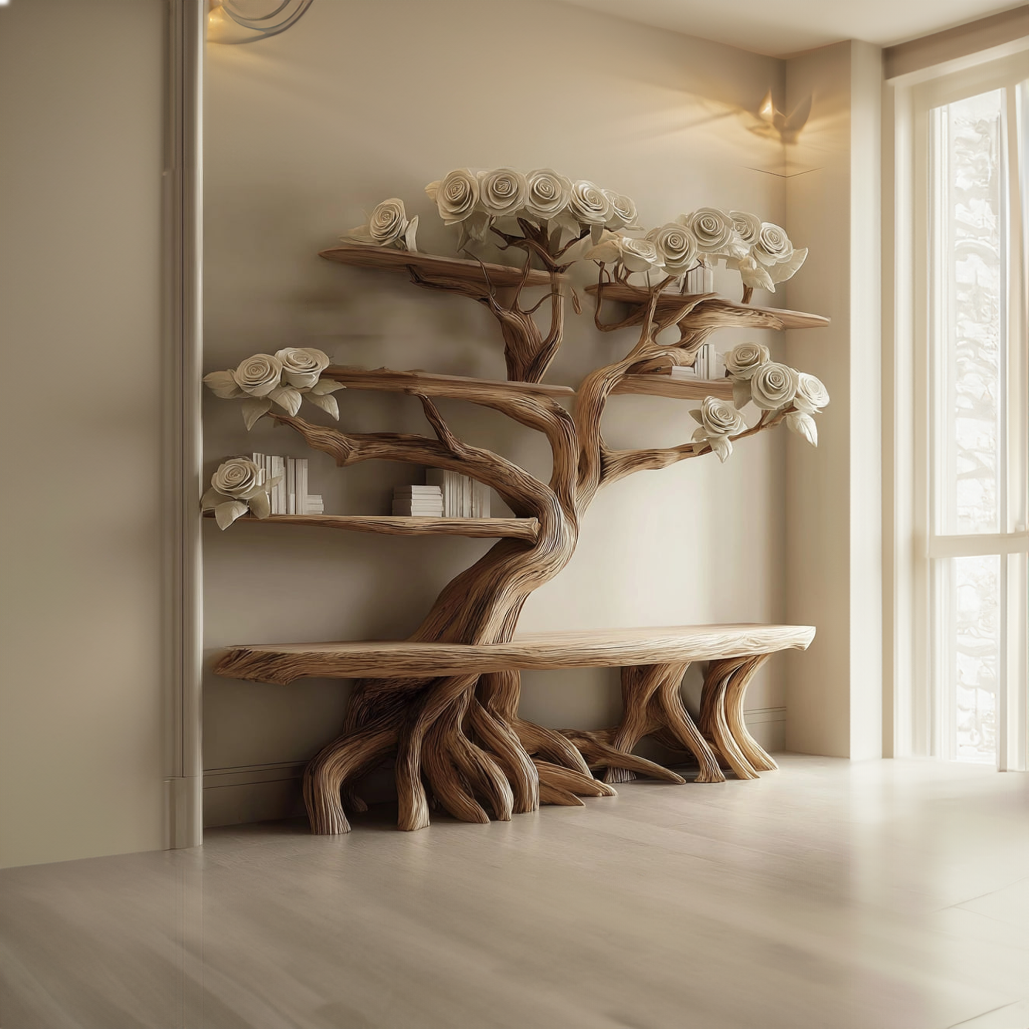 Midcentury Tree Bench Bookshelf Living Room SINLKITB243