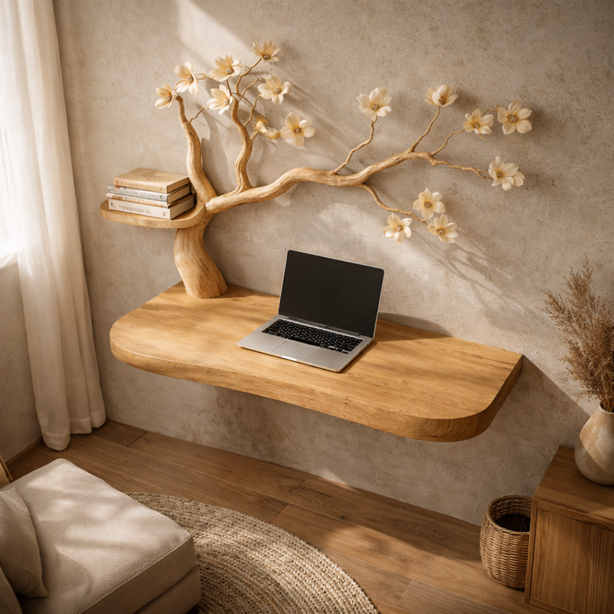 Organic Artistic Floating Desk With Floral Tree Sculpture For Home Office SINLKIDK089