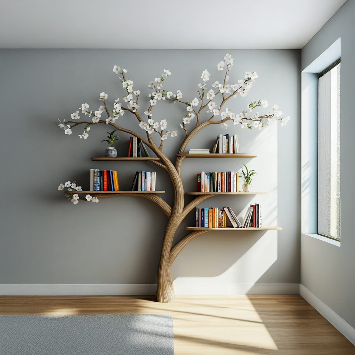 Rustic Tree Bookshelf Living Room Flower Wall Display SINLSATB460