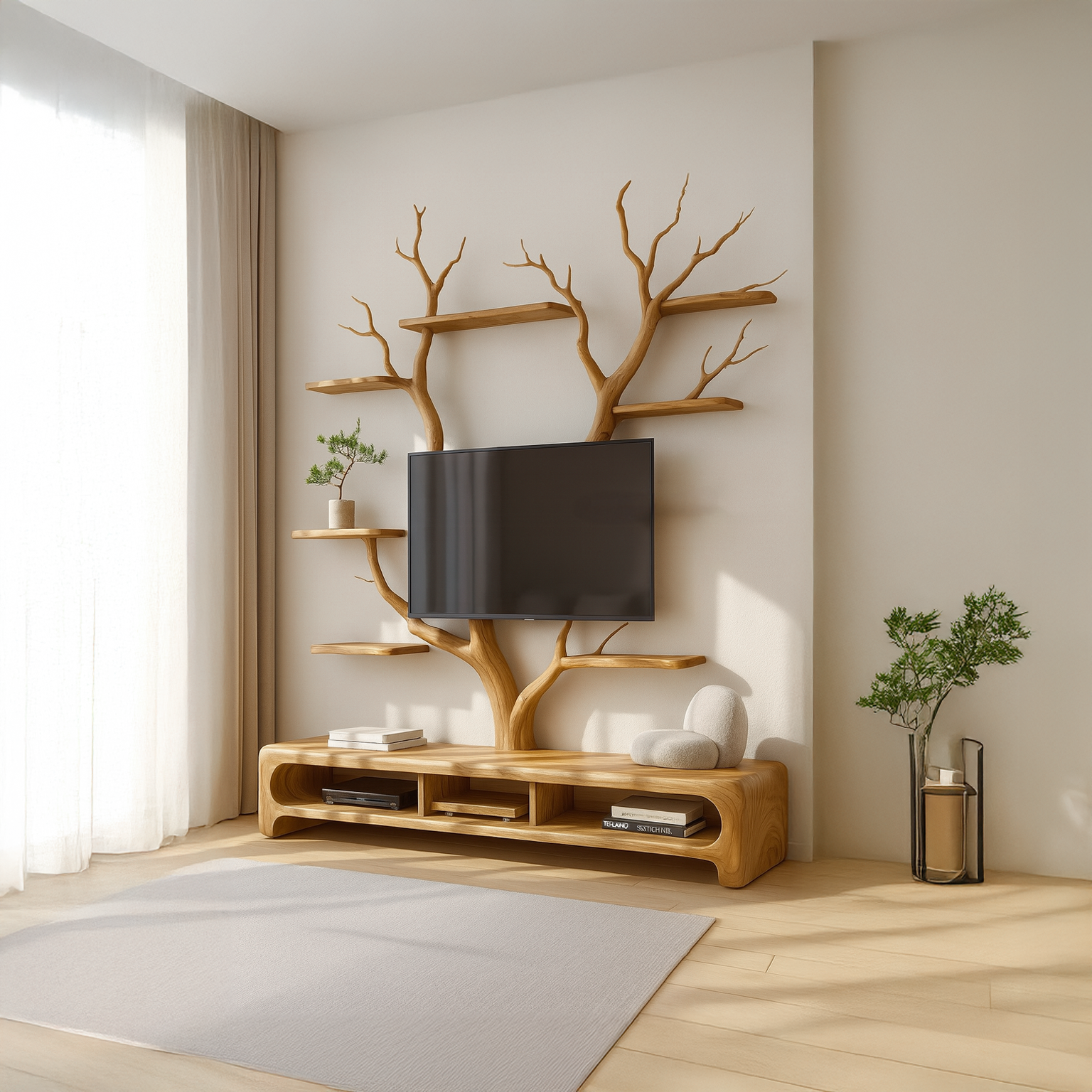 Rustic TV Stand Tree Shelf Living SINLSATB216