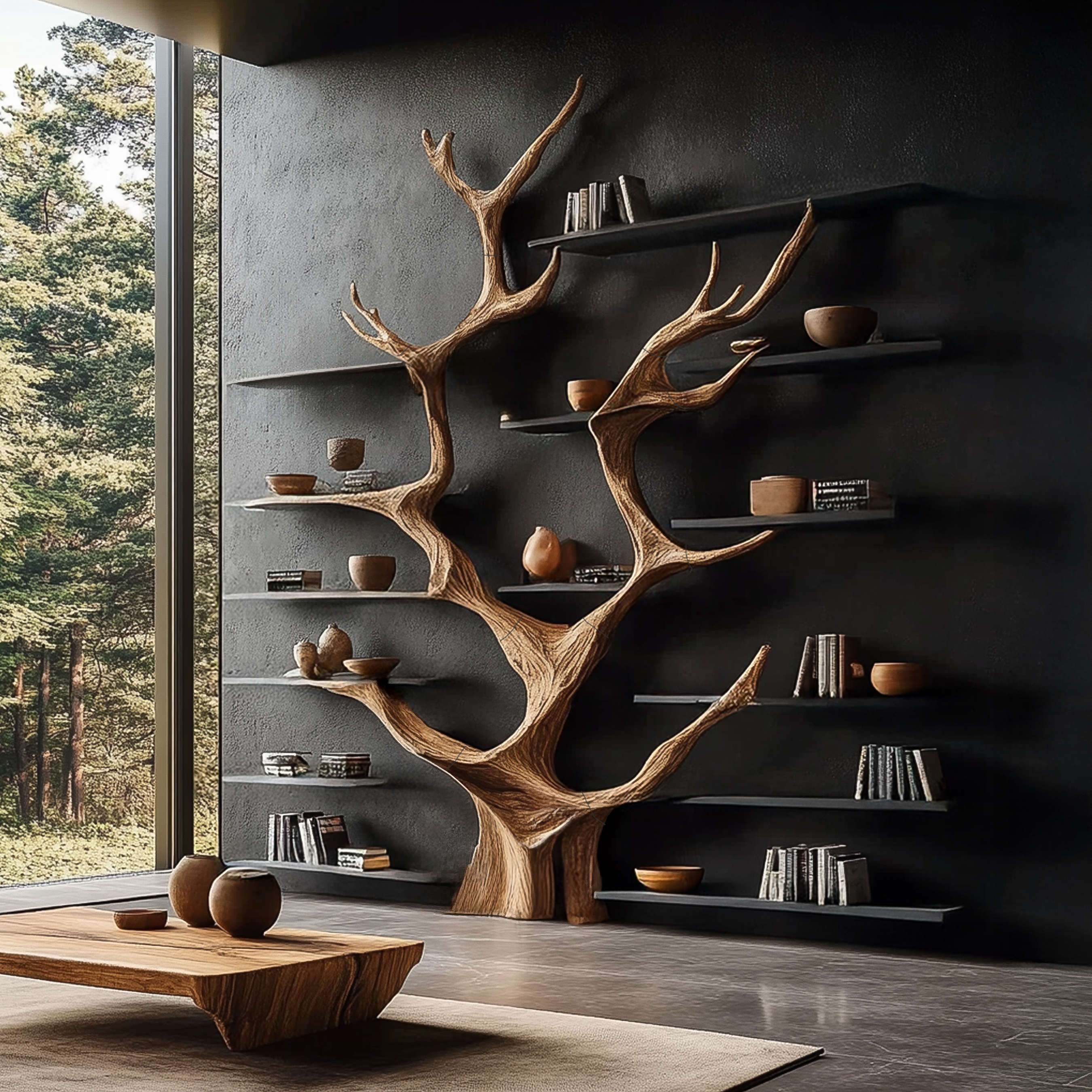 Sculptural Tree Bookcase - Artisan Tree-Inspired Wall Unit SINLSATB179