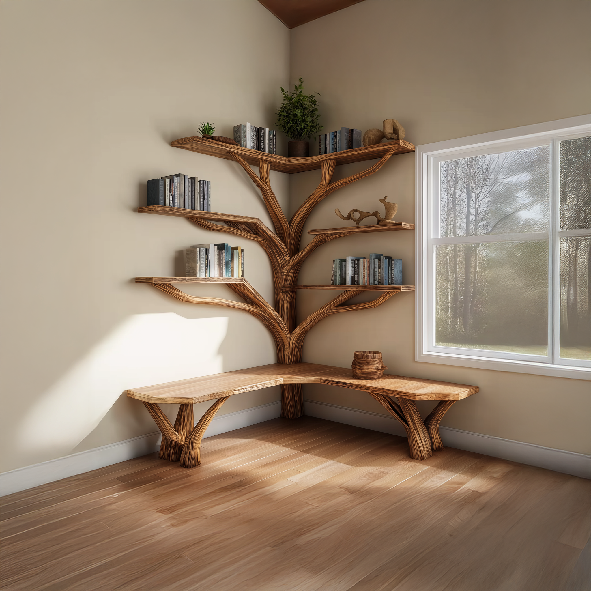 Rustic Corner Tree Shelf Reading Nook SINLSATB228