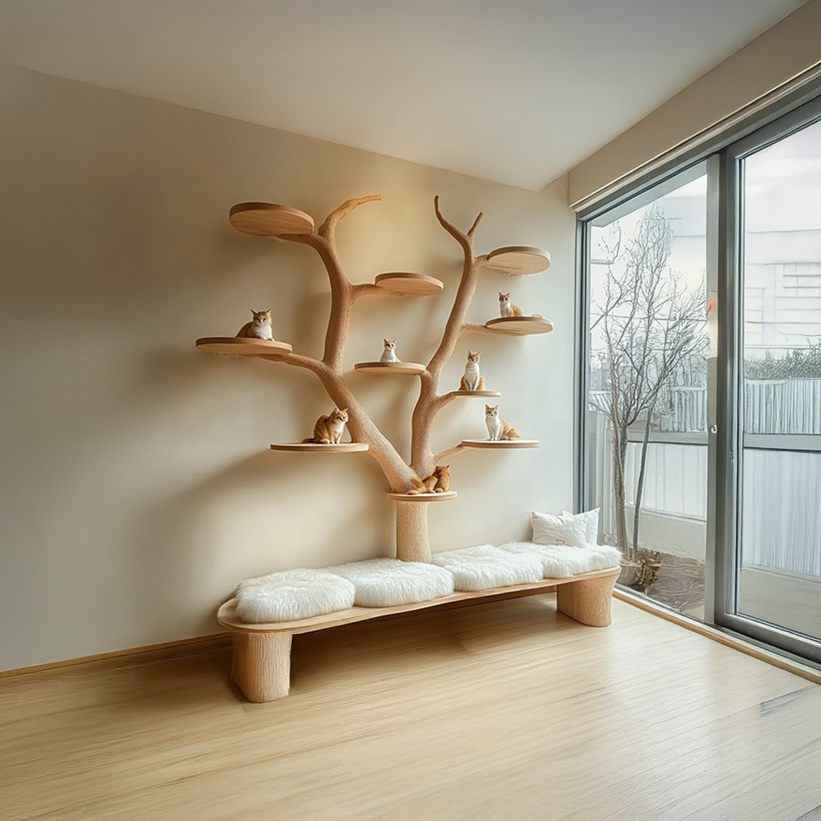 Rustic Cat Tree With Bench Living Room Pet Furniture SINLSATT060