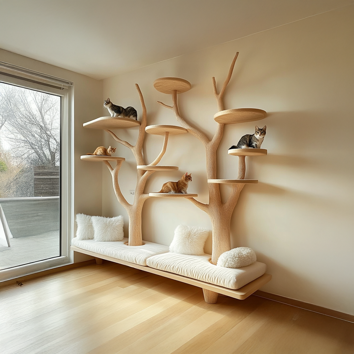 Rustic Cat Tree Organizer Wall Shelf Bedroom Seating Bench SINLSATT055