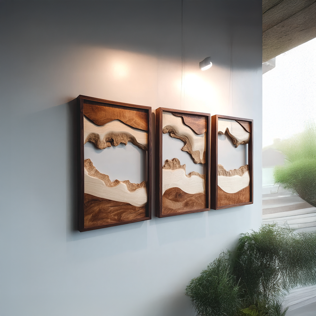 Handcarved Set Wooden Wall Panels Abstract Nature Art Interiors SINLSAWD001