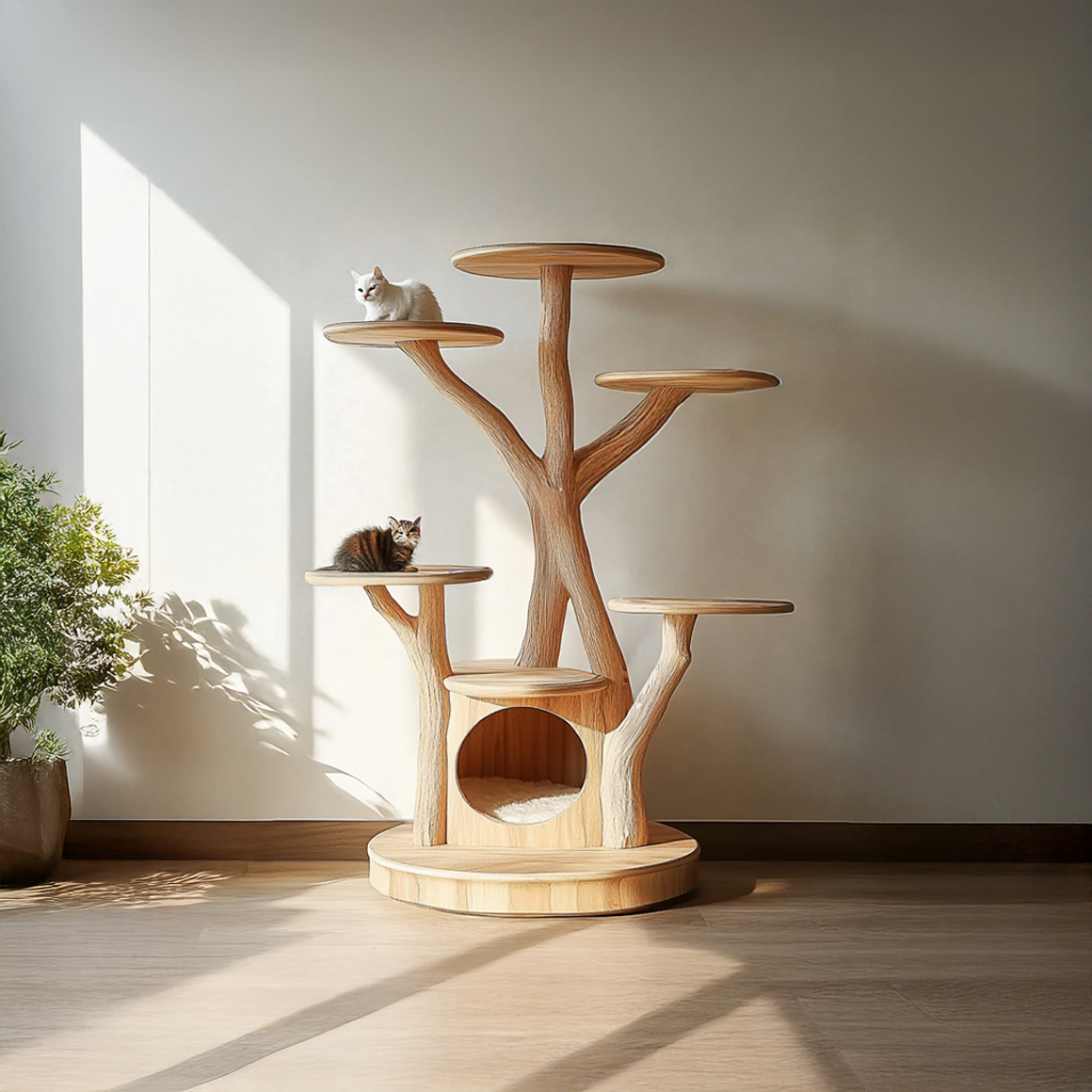 Rustic Wooden Cat Tree Living Room Pet Furniture With Cat House SINLSATT062