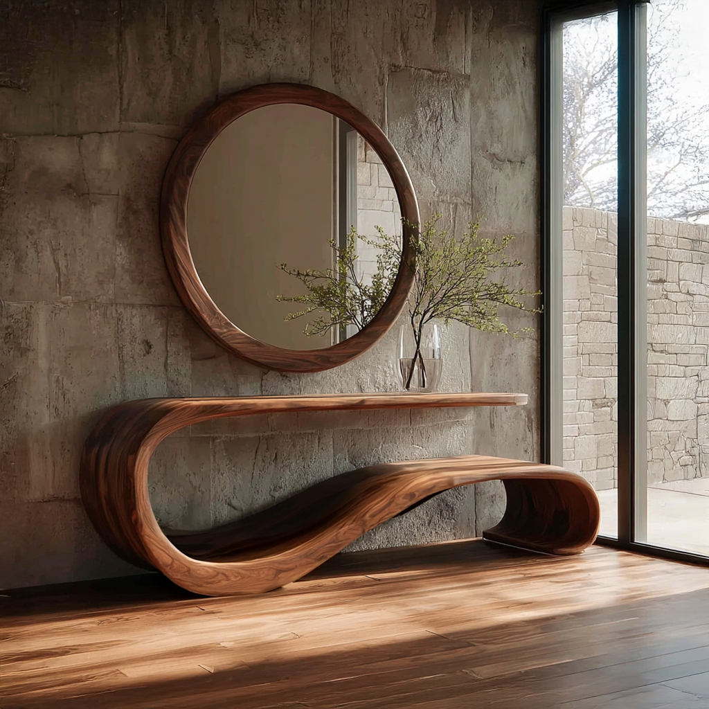 Console Table and Round Mirror Set Solid Wood Vintage Gift SINLSACS094