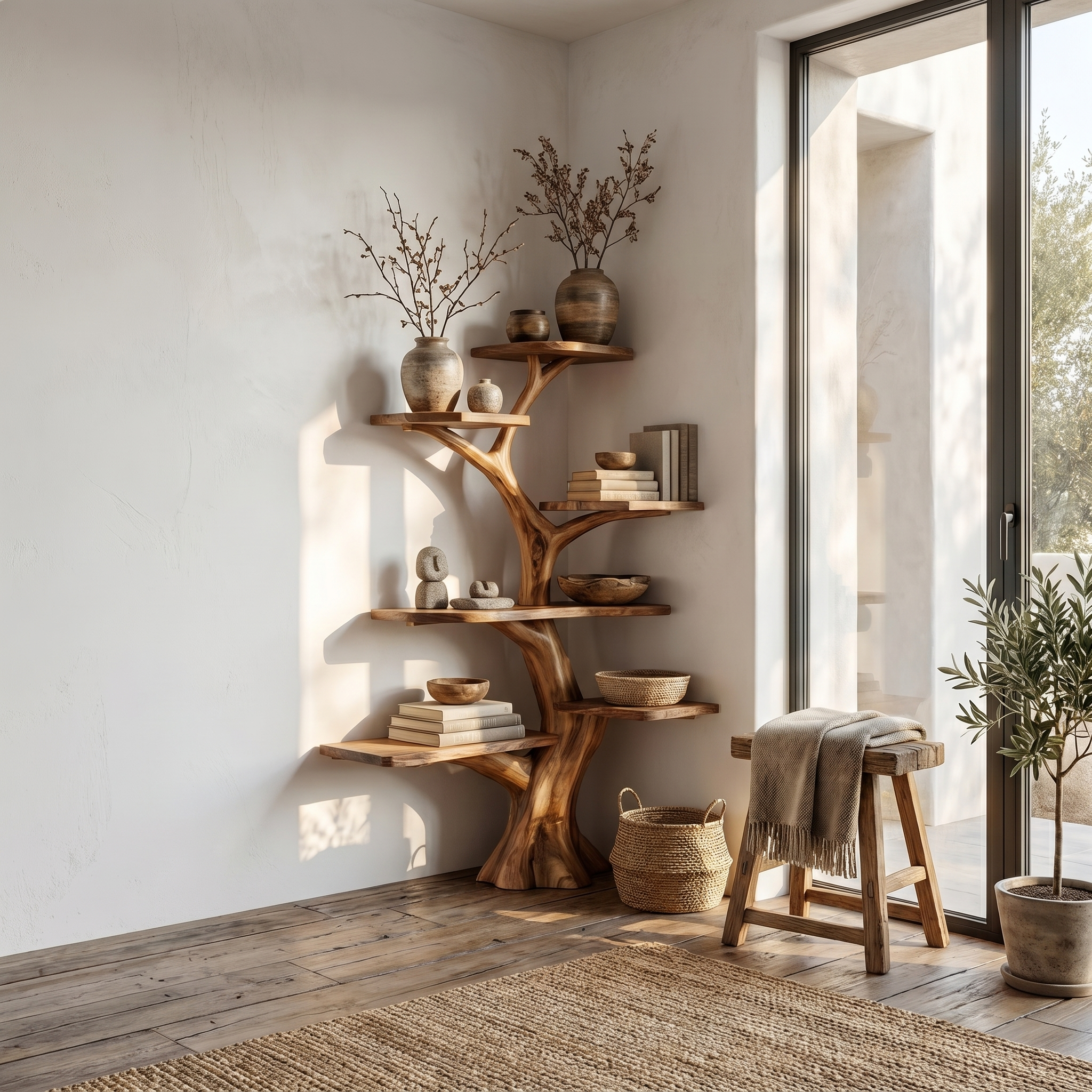 Rustic Corner Tree Bookshelf Living Room Wall SINLSATB309