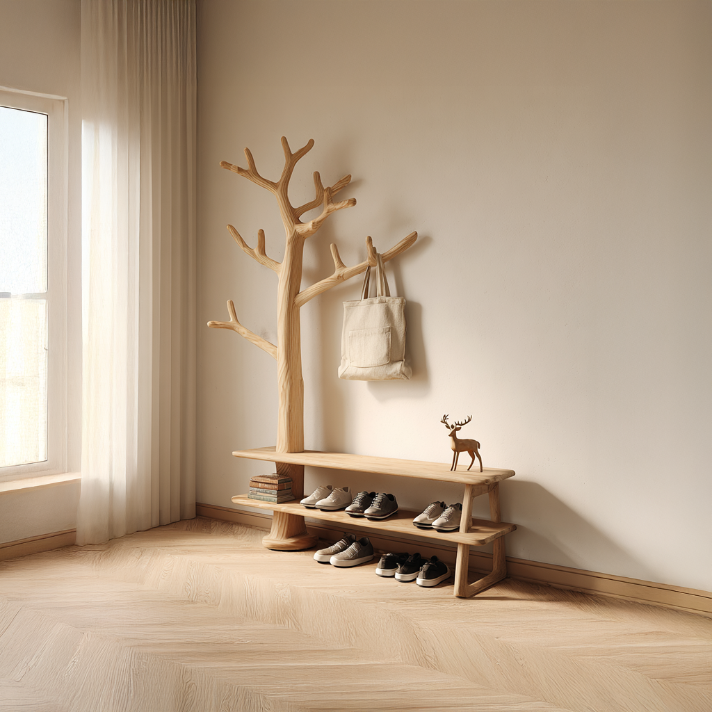 Rustic Tree Coat Rack Shoe Bench Entryway Halway SINLSATCR015