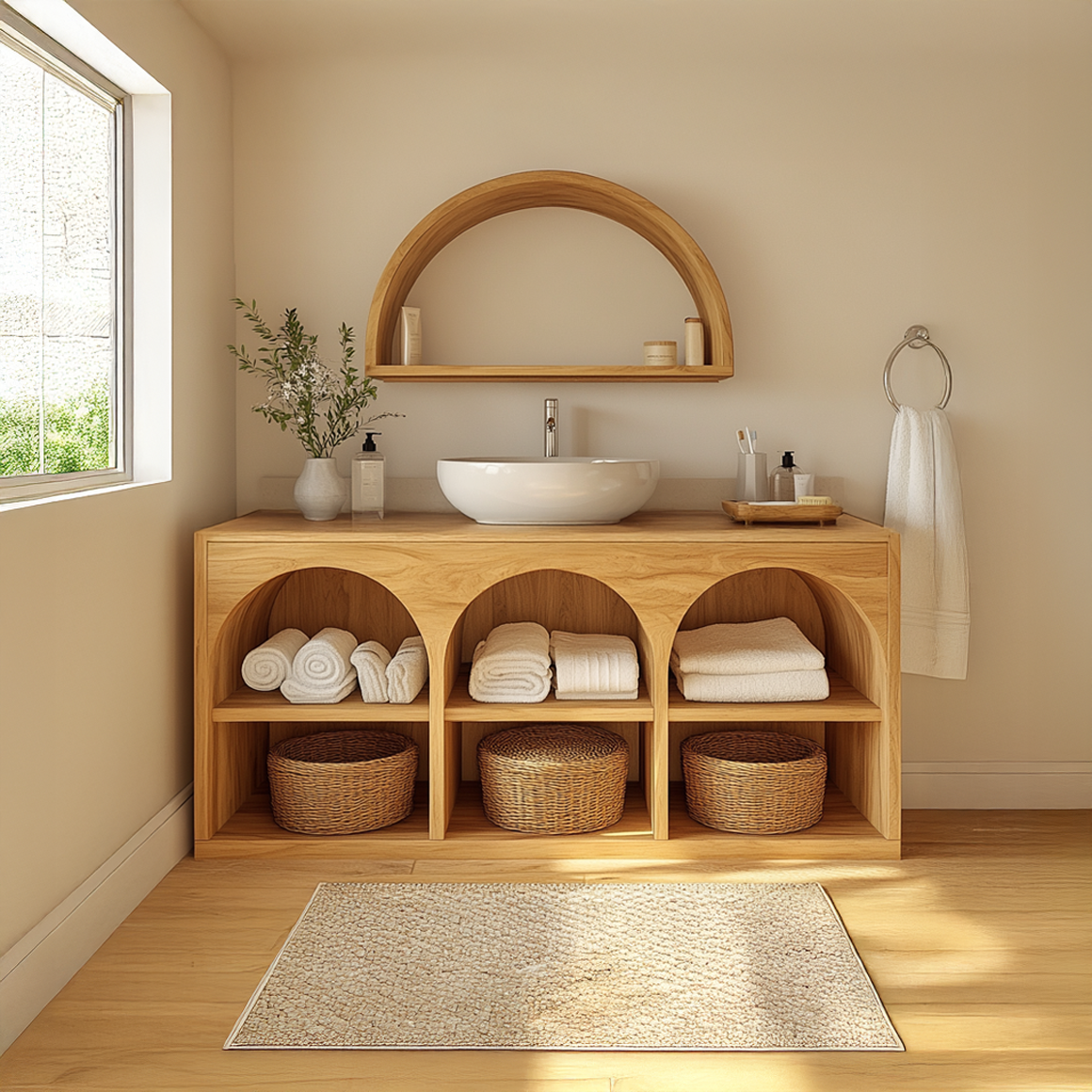 Scandinavian Bathroom Storage Cabinet With Arched Open Shelves And Natural Wood Design For Bathroom SINLSABRV208