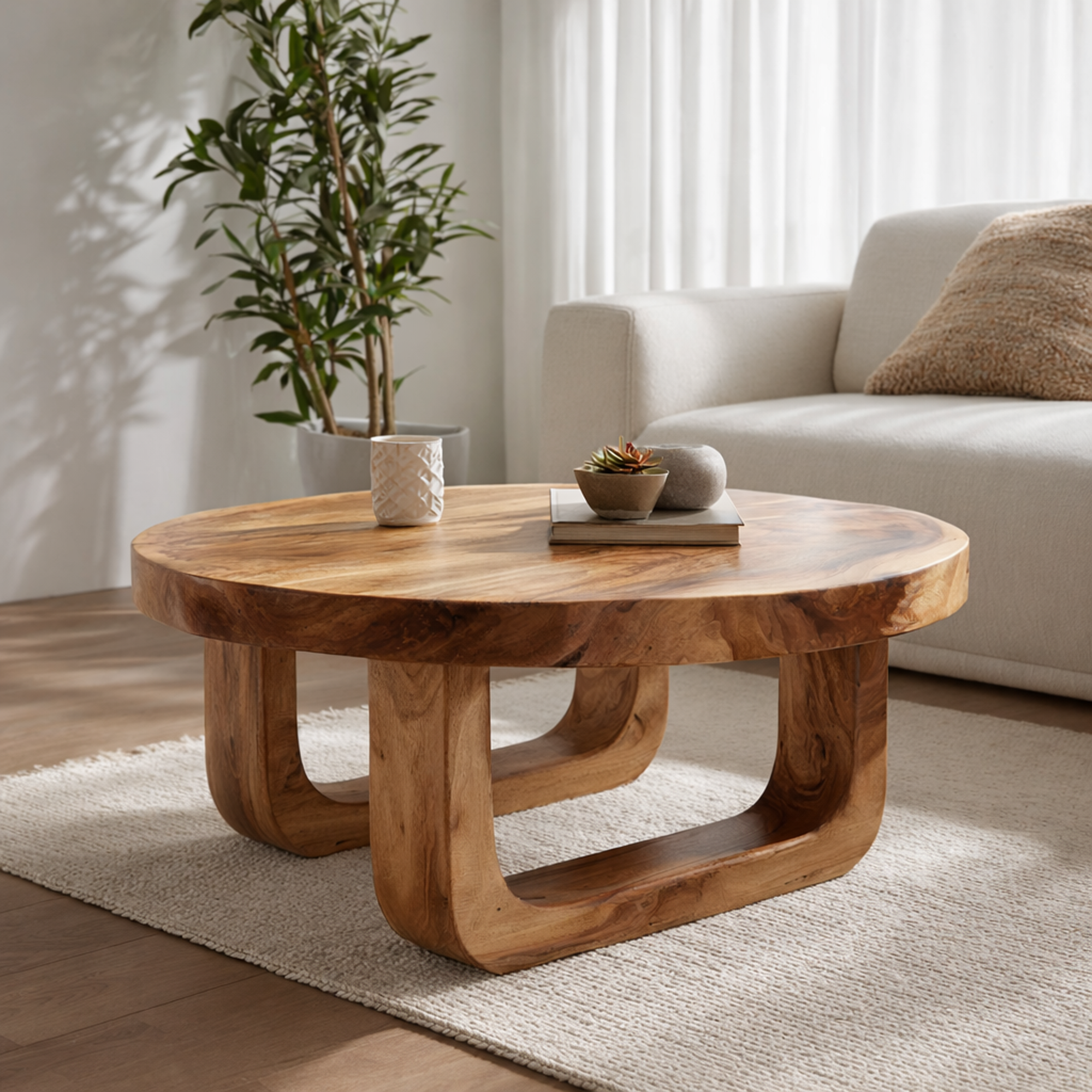 Rounded Base Solid Wood Coffee Table Soft Modern Living Room Interior SINLKICF318