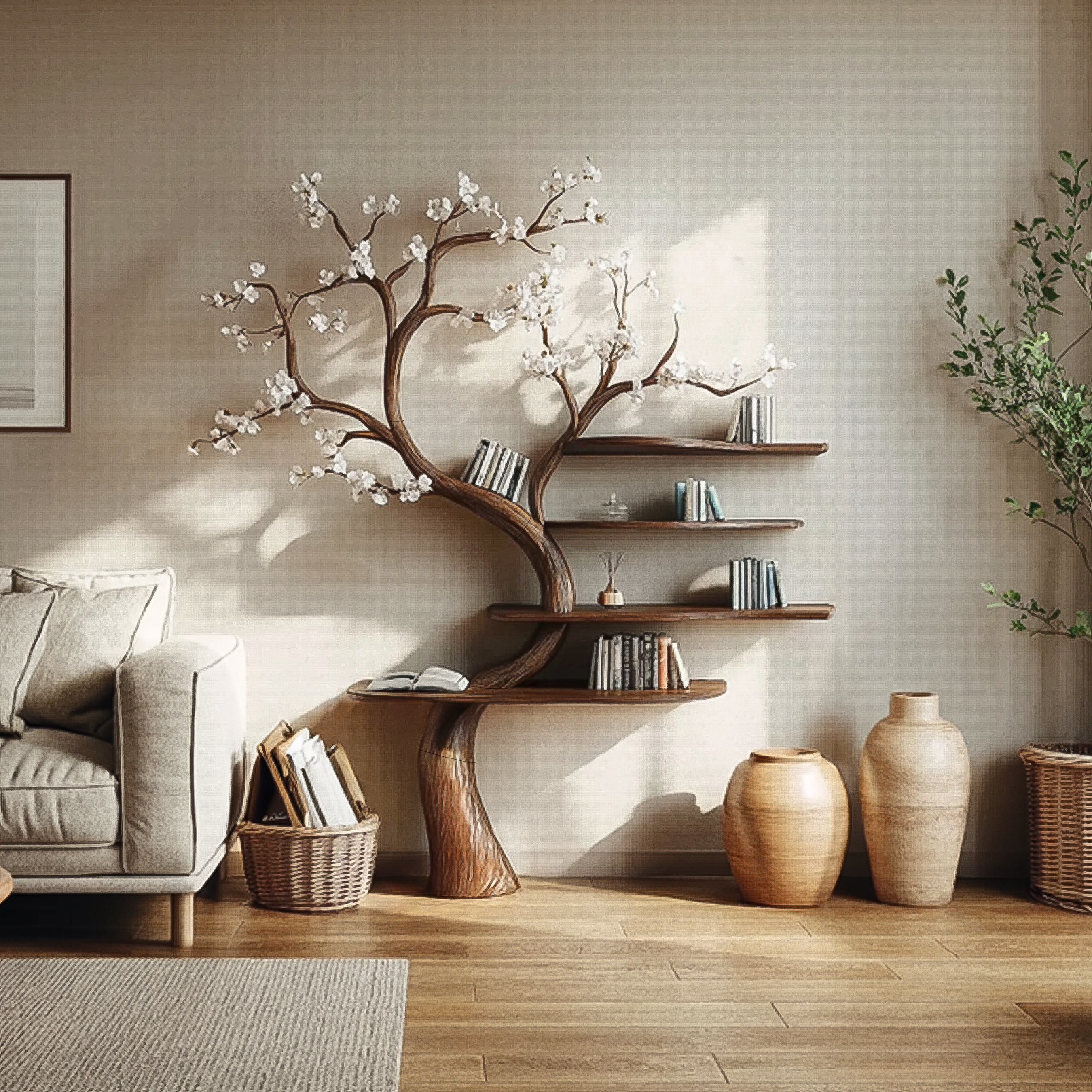 Rustic Natural Tree Bookshelf Living Room Interior Artistic Decor SINLSATB585