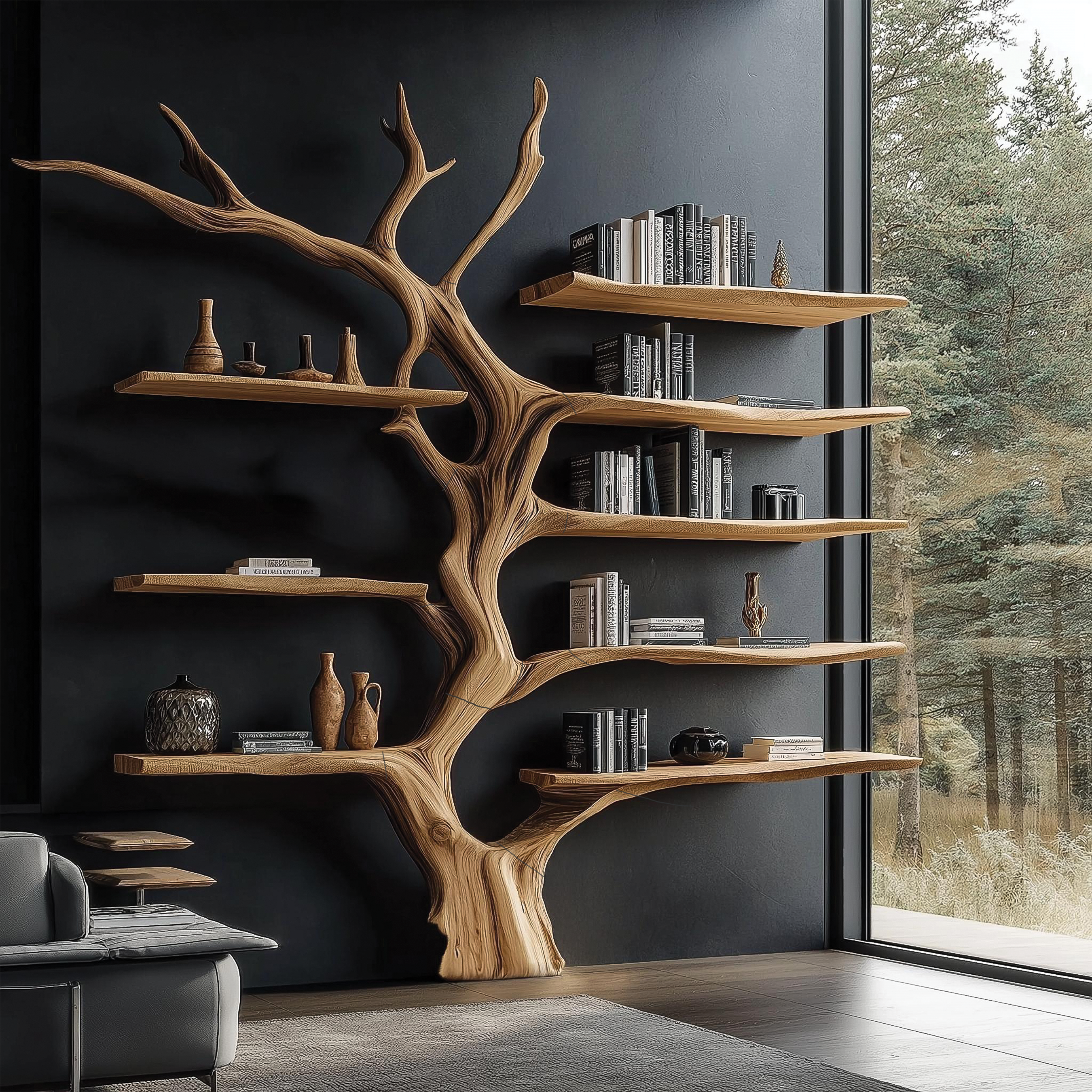 Sculptural Tree Bookcase Artistic Wooden Wall Shelf SINLSATB176