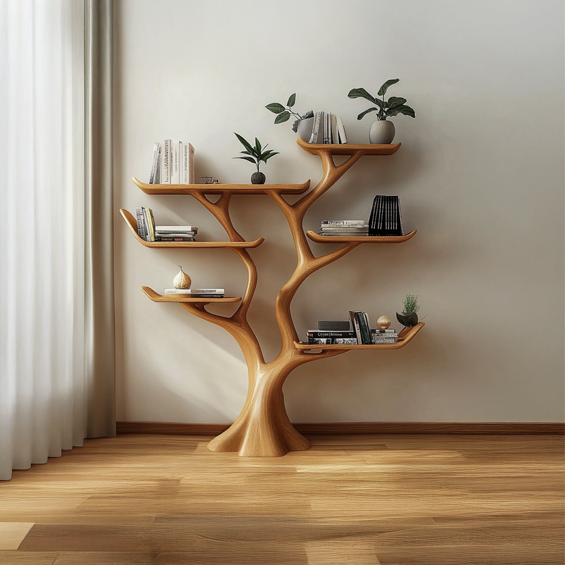 Rustic Walnut Wood Bookshelf Tree Shelf Living Room Decor Family Gift SINLSATB503