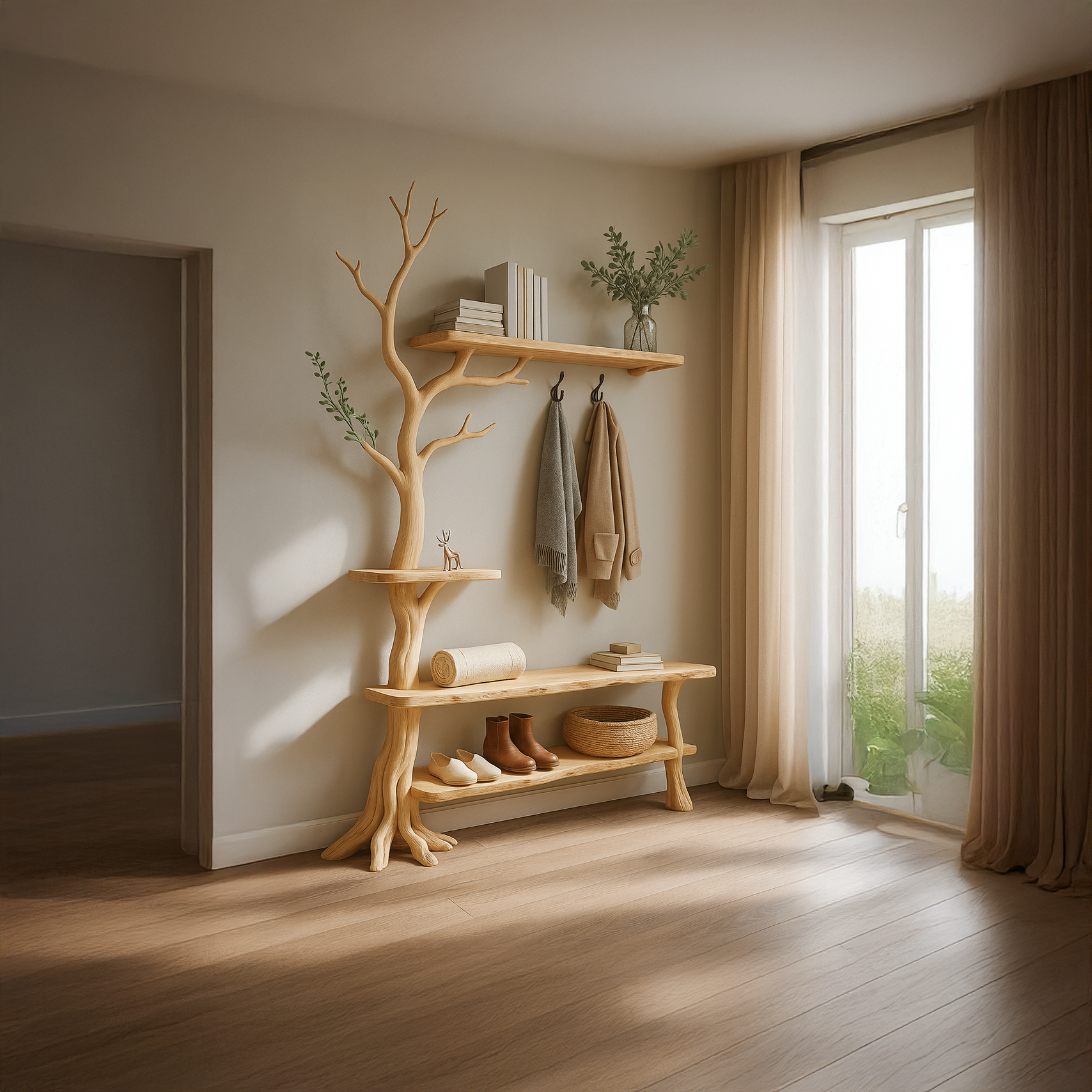 Rustic Tree Coat Rack Shoe Bench Bedroom SINLSATCR016