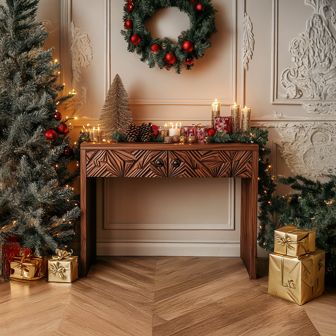 Rustic Carved Console Table Christmas Entryway SINLSACS339
