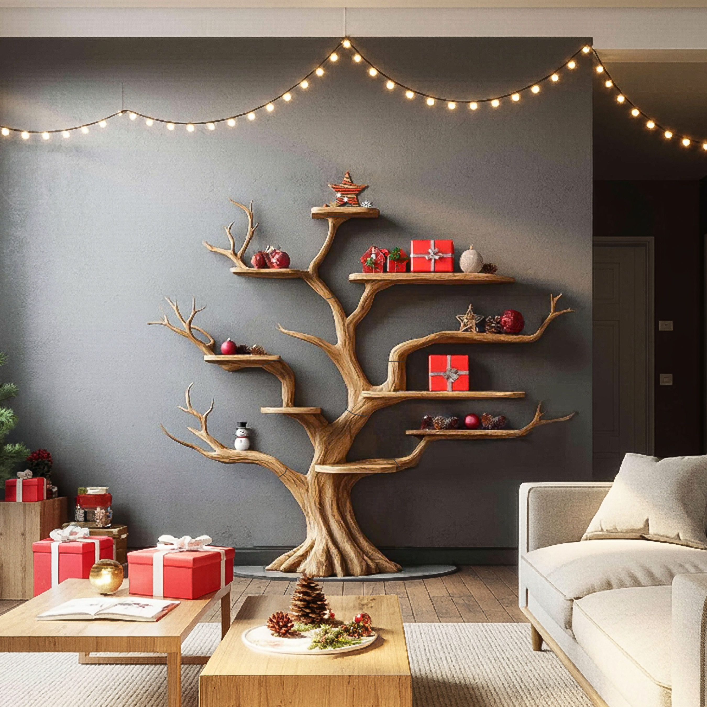 Rustic Organic Tree Shelf Christmas Edition Entryway SINLSATB559