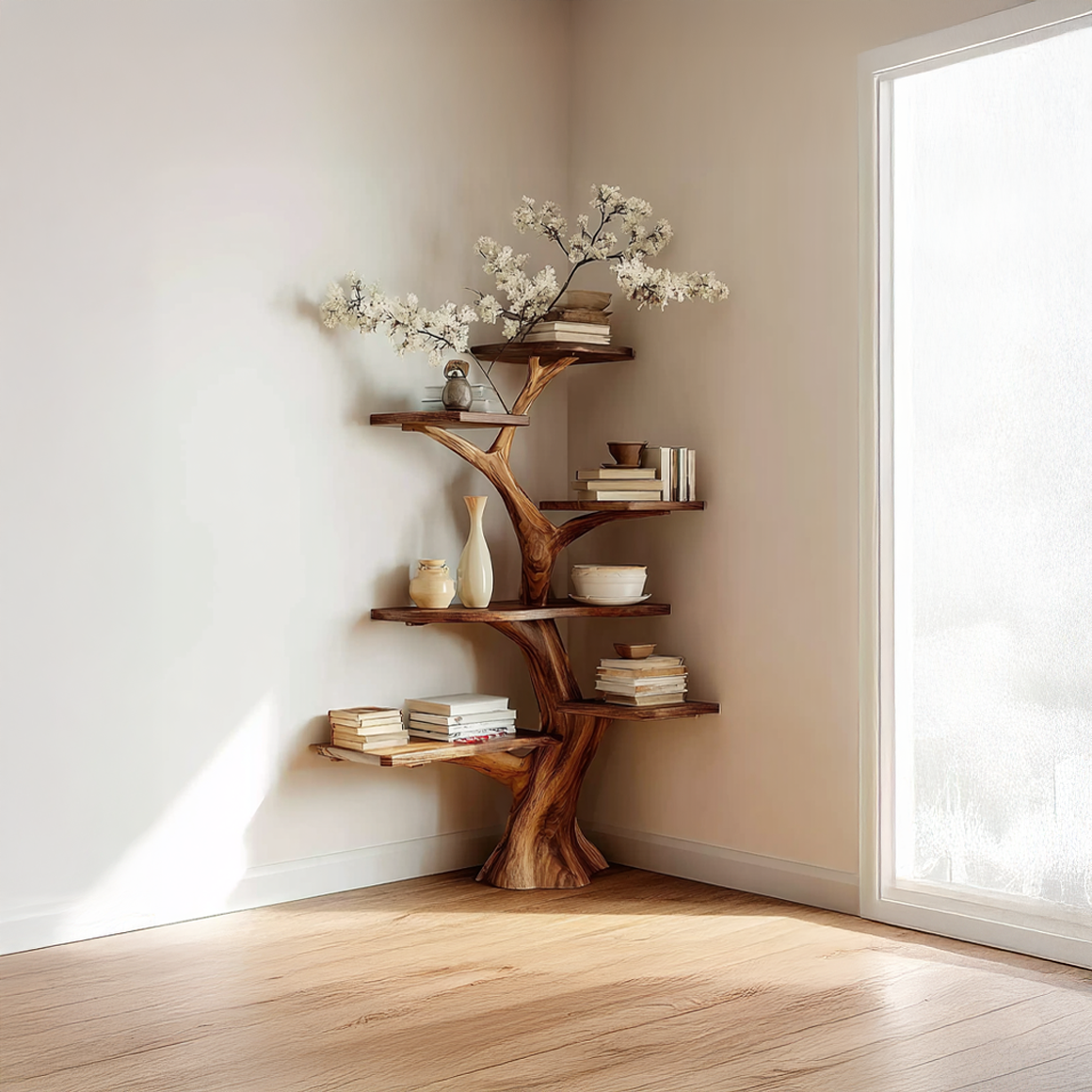 Rustic Corner Tree Bookshelf Living Room Wall SINLSATB309