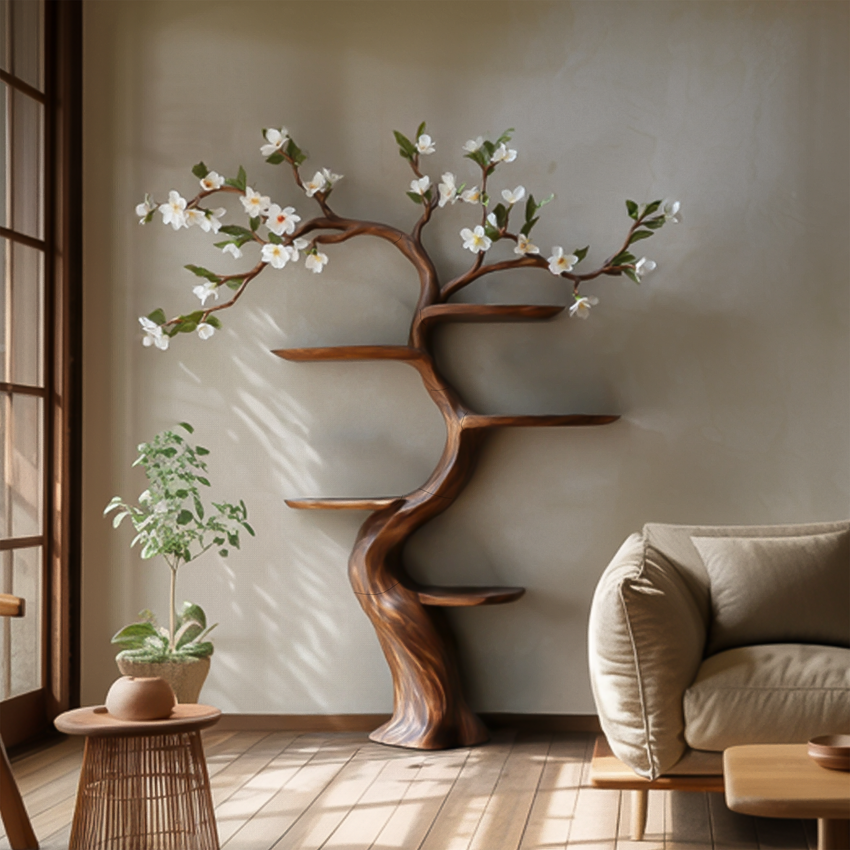 Rustic Handcrafted Tree Bookshelf Living Room Interior Nature-Inspired Decor SINLSATB584
