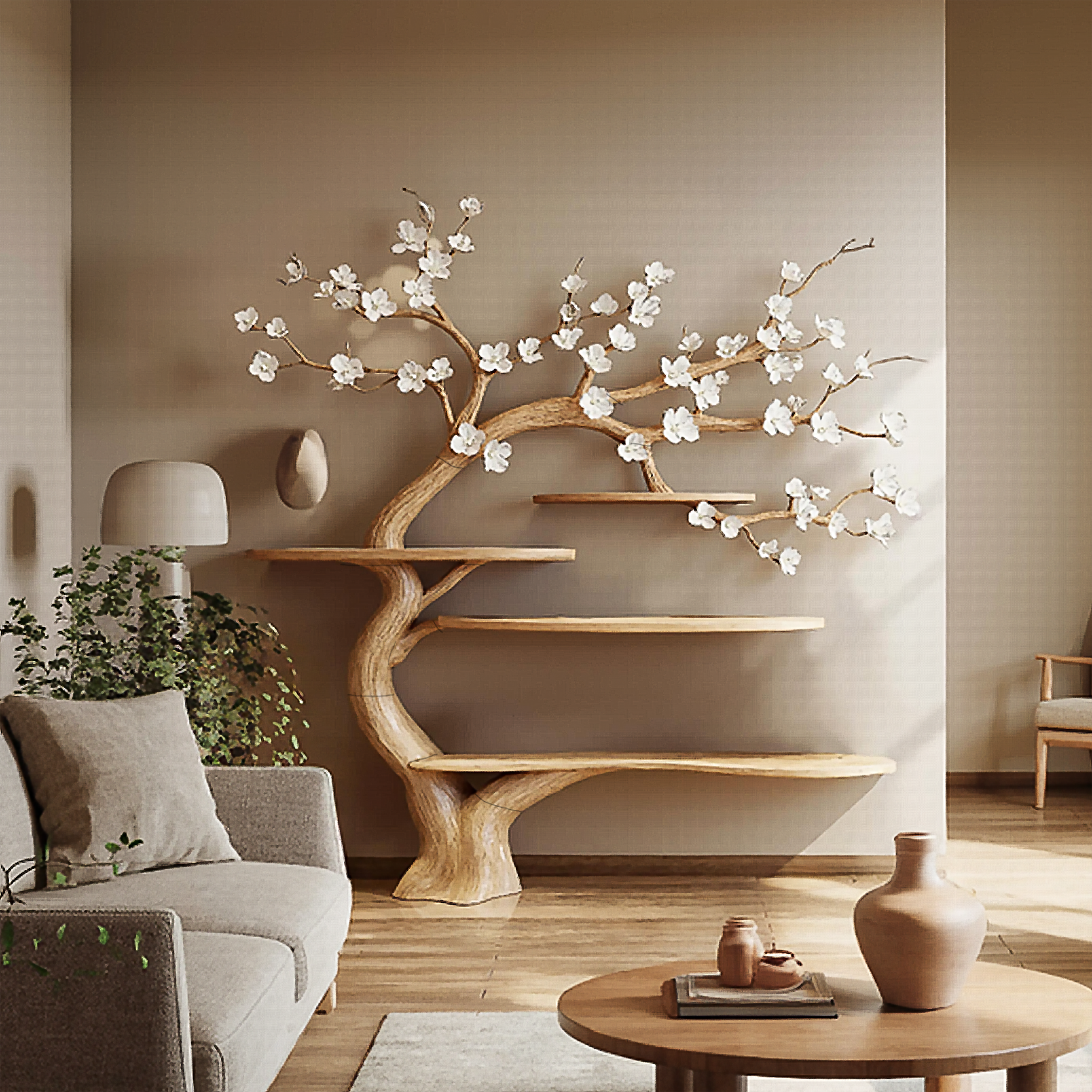 Rustic Organic Tree Bookshelf Living Room Interior Decorative Display SINLSATB586