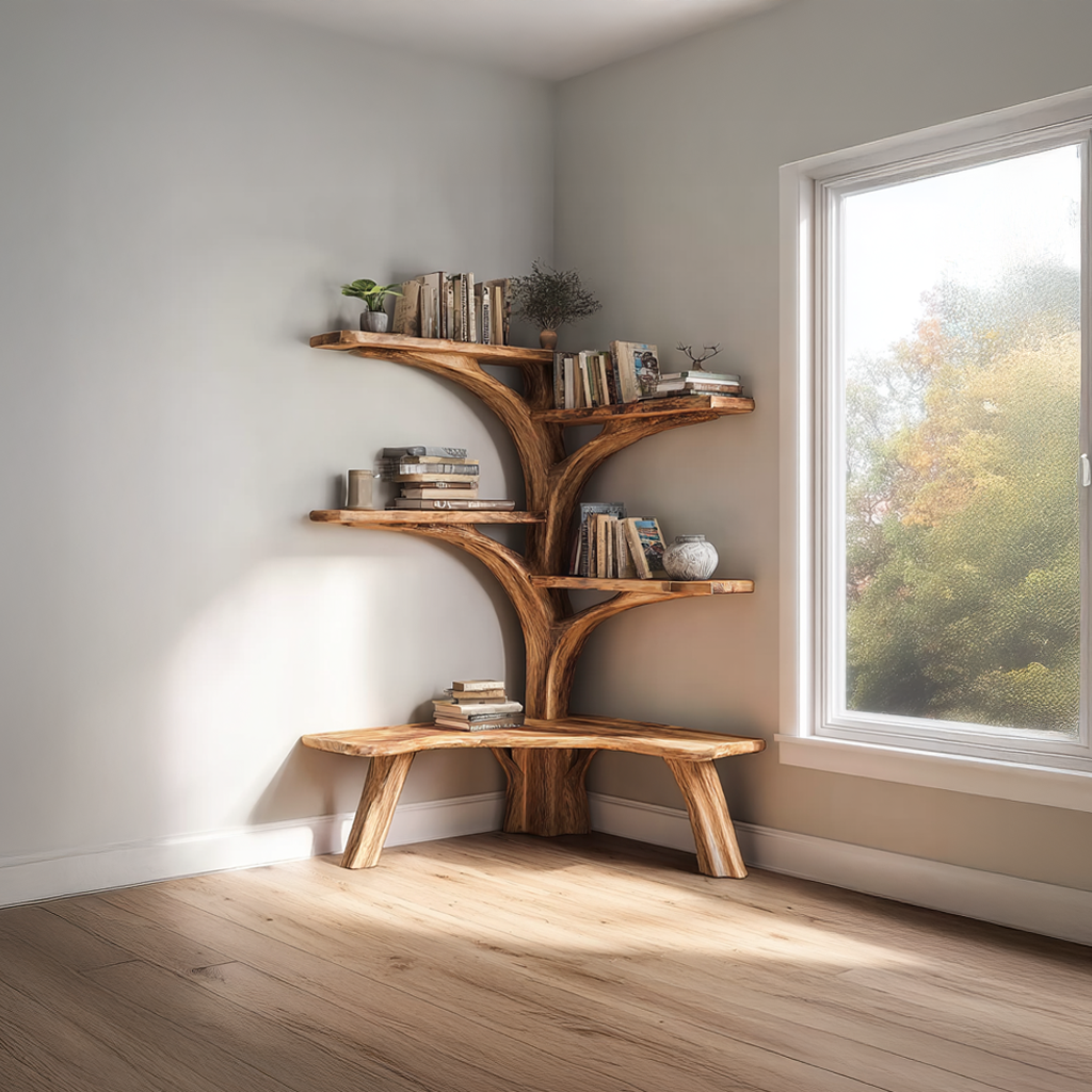 Rustic Tree Corner Bookshelf Bench Living Room SINLSATB229