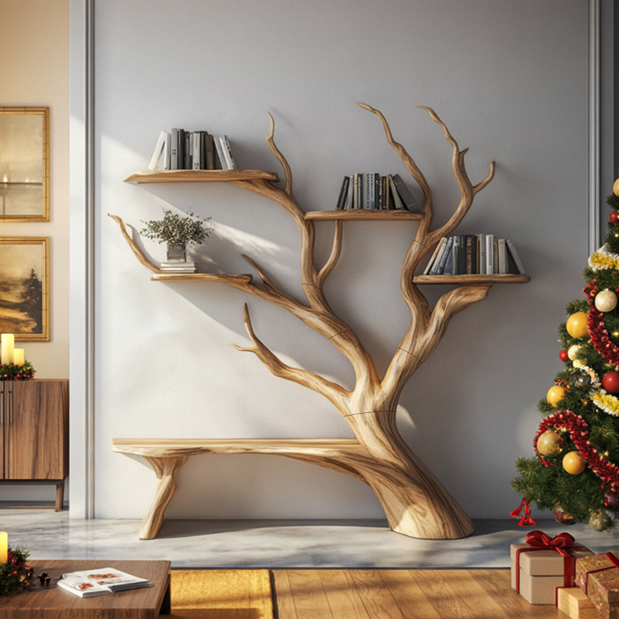 Rustic Tree Bookshelf Bench Christmas Living Room Decor SINLKITB582