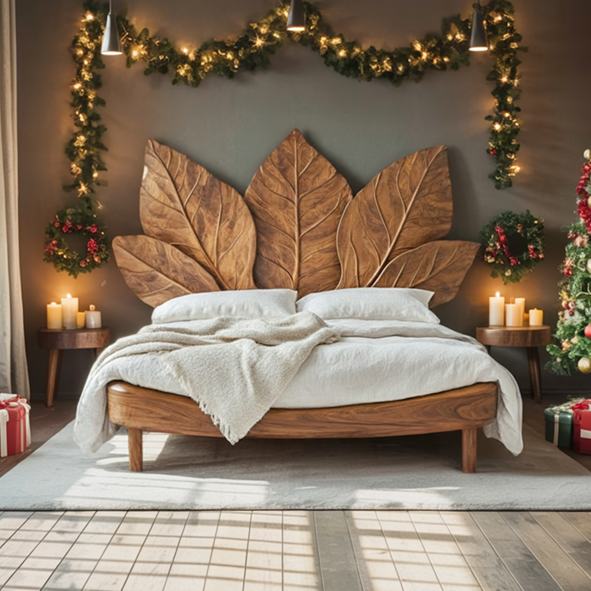 Rustic Leaf Bed Frame Christmas Holiday Bedroom Decor SINLKIWB076