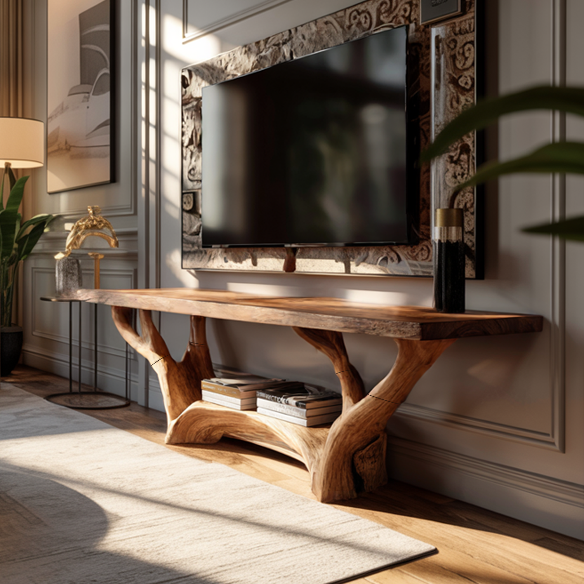 Rustic TV Console Sculpted Wood Base Living Room Display SINLKICS414